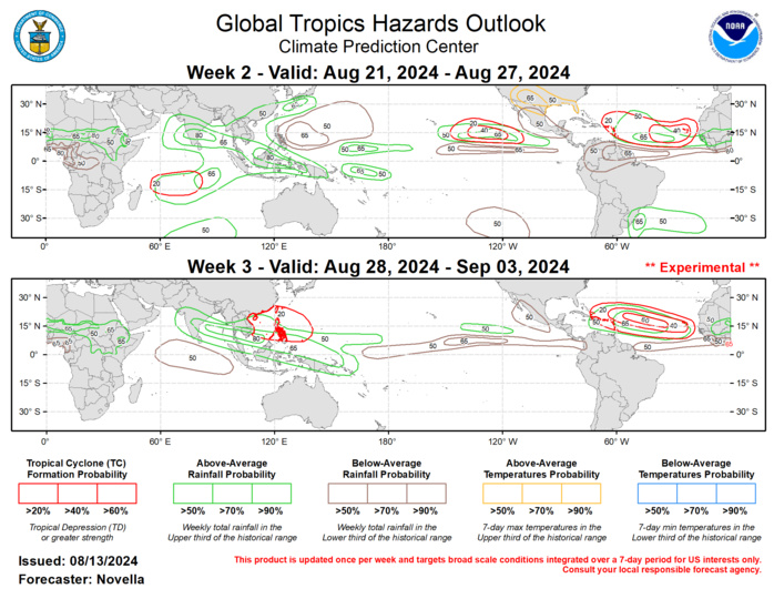Forecasts for enhanced and suppressed precipitation for weeks 2 and 3 are based on historical composites of Indian Ocean and Maritime Continent MJO events, anticipated TC tracks, and a skill weighted consensus of the CFS, GEFS, ECMWF, and ECCC model systems, with some consideration of ENSO cold phase composites. Increased chances for above-normal temperatures, along with possible excessive heat conditions are forecast for the south-central CONUS during week-2. For hazardous weather conditions in your area during the next two weeks, please refer to your local NWS office, the Medium Range Hazards Forecast from the Weather Prediction Center (WPC), and the CPC Week-2 Hazards Outlook. Forecasts issues over Africa are made in coordination with the Africa Desk at CPC. Forecasts for enhanced and suppressed precipitation for weeks 2 and 3 are based on historical composites of Indian Ocean and Maritime Continent MJO events, anticipated TC tracks, and a skill weighted consensus of the CFS, GEFS, ECMWF, and ECCC model systems, with some consideration of ENSO cold phase composites. Increased chances for above-normal temperatures, along with possible excessive heat conditions are forecast for the south-central CONUS during week-2. For hazardous weather conditions in your area during the next two weeks, please refer to your local NWS office, the Medium Range Hazards Forecast from the Weather Prediction Center (WPC), and the CPC Week-2 Hazards Outlook. Forecasts issues over Africa are made in coordination with the Africa Desk at CPC.