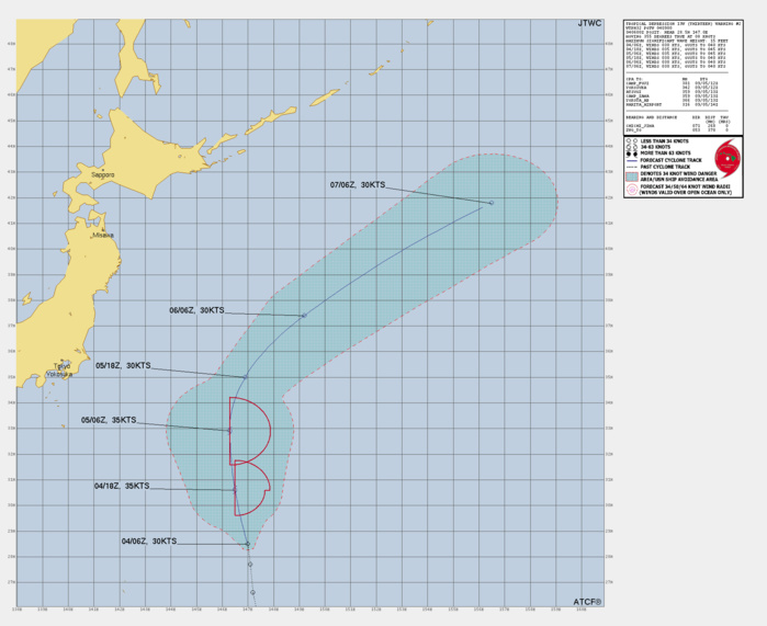 FORECAST REASONING.  SIGNIFICANT FORECAST CHANGES: THERE ARE NO SIGNIFICANT CHANGES TO THE FORECAST FROM THE PREVIOUS WARNING.  FORECAST DISCUSSION: TROPICAL DEPRESSION (TD) 13W WILL TRACK NORTH-NORTHWESTWARD FOR THE NEXT 24 HOURS BEFORE ROUNDING THE RIDGE AXIS BETWEEN TAU 24-36. THE SYSTEM WILL TRACK NORTHWESTWARD BETWEEN TAU 48-72 WHILE UNDERGOING EXTRATROPICAL TRANSITION AS THE SYSTEM BECOMES EMBEDDED UNDER A DEEP-LAYER TROUGH OFF OF THE EAST COAST OF JAPAN. DURING THE INITIAL 24-HOUR PERIOD, TD 13W WILL SLIGHTLY INTENSIFY TO 35KTS WHILE IN A FAVORABLE ENVIRONMENT OF LOW SHEAR, UPPER-LEVEL DIVERGENCE, AND WARM SEA SURFACE TEMPERATURES. AS THE SYSTEM APPROACHES THE UPPER-LEVEL TROUGH, VERTICAL WIND SHEAR WILL INCREASE. ADDITIONALLY, THE SYSTEM WILL PASS INTO COOL SEA SURFACE TEMPERATURES BELOW 26C BETWEEN TAU 48-72, FURTHER SUPPORTING THE COMPLETION OF EXTRATROPICAL TRANSITION. FORECAST REASONING.  SIGNIFICANT FORECAST CHANGES: THERE ARE NO SIGNIFICANT CHANGES TO THE FORECAST FROM THE PREVIOUS WARNING.  FORECAST DISCUSSION: TROPICAL DEPRESSION (TD) 13W WILL TRACK NORTH-NORTHWESTWARD FOR THE NEXT 24 HOURS BEFORE ROUNDING THE RIDGE AXIS BETWEEN TAU 24-36. THE SYSTEM WILL TRACK NORTHWESTWARD BETWEEN TAU 48-72 WHILE UNDERGOING EXTRATROPICAL TRANSITION AS THE SYSTEM BECOMES EMBEDDED UNDER A DEEP-LAYER TROUGH OFF OF THE EAST COAST OF JAPAN. DURING THE INITIAL 24-HOUR PERIOD, TD 13W WILL SLIGHTLY INTENSIFY TO 35KTS WHILE IN A FAVORABLE ENVIRONMENT OF LOW SHEAR, UPPER-LEVEL DIVERGENCE, AND WARM SEA SURFACE TEMPERATURES. AS THE SYSTEM APPROACHES THE UPPER-LEVEL TROUGH, VERTICAL WIND SHEAR WILL INCREASE. ADDITIONALLY, THE SYSTEM WILL PASS INTO COOL SEA SURFACE TEMPERATURES BELOW 26C BETWEEN TAU 48-72, FURTHER SUPPORTING THE COMPLETION OF EXTRATROPICAL TRANSITION.