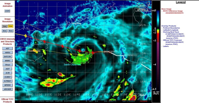 SATELLITE ANALYSIS, INITIAL POSITION AND INTENSITY DISCUSSION: AFTER AN IMPRESSIVE PERIOD OF EXTREMELY RAPID INTENSIFICATION, TYPHOON 12W HAS WEAKENED WHILE UNDERGOING AN EYEWALL REPLACEMENT CYCLE (ERC) AS PREDICTED BY THE CIMSS M-PERC PRODUCT. ANIMATED ENHANCED INFRARED (EIR) SATELLITE IMAGERY DEPICTS A 15NM ROUND EYE, WHICH SUPPORTS THE INITIAL POSITION WITH HIGH CONFIDENCE. EIR IMAGERY, HOWEVER, DOES SHOW A CLEAR WEAKENING TREND WITH EROSION OF THE EYEWALL OVER THE NORTHWESTERN QUADRANT AND WARMING CLOUD TOP TEMPERATURES. A 050546Z ATMS 88.2GHZ MICROWAVE IMAGE REVEALS A COMPACT EYEWALL WITH A BREAK IN THE EYEWALL OVER THE NORTHWESTERN QUADRANT, WITH FRAGMENTED SPIRAL BANDING. ENVIRONMENTAL CONDITIONS REMAIN FAVORABLE WITH RADIAL OUTFLOW AND LOW VERTICAL WIND SHEAR THUS, THE CURRENT WEAKENING TREND IS SOLELY ATTRIBUTED TO THE ERC. THE INITIAL INTENSITY OF 125 KTS IS ASSESSED WITH MEDIUM CONFIDENCE BASED ON AGENCY CURRENT INTENSITY ESTIMATES, WITH OBJECTIVE ESTIMATES RANGING FROM 117 TO 124 KNOTS. SATELLITE ANALYSIS, INITIAL POSITION AND INTENSITY DISCUSSION: AFTER AN IMPRESSIVE PERIOD OF EXTREMELY RAPID INTENSIFICATION, TYPHOON 12W HAS WEAKENED WHILE UNDERGOING AN EYEWALL REPLACEMENT CYCLE (ERC) AS PREDICTED BY THE CIMSS M-PERC PRODUCT. ANIMATED ENHANCED INFRARED (EIR) SATELLITE IMAGERY DEPICTS A 15NM ROUND EYE, WHICH SUPPORTS THE INITIAL POSITION WITH HIGH CONFIDENCE. EIR IMAGERY, HOWEVER, DOES SHOW A CLEAR WEAKENING TREND WITH EROSION OF THE EYEWALL OVER THE NORTHWESTERN QUADRANT AND WARMING CLOUD TOP TEMPERATURES. A 050546Z ATMS 88.2GHZ MICROWAVE IMAGE REVEALS A COMPACT EYEWALL WITH A BREAK IN THE EYEWALL OVER THE NORTHWESTERN QUADRANT, WITH FRAGMENTED SPIRAL BANDING. ENVIRONMENTAL CONDITIONS REMAIN FAVORABLE WITH RADIAL OUTFLOW AND LOW VERTICAL WIND SHEAR THUS, THE CURRENT WEAKENING TREND IS SOLELY ATTRIBUTED TO THE ERC. THE INITIAL INTENSITY OF 125 KTS IS ASSESSED WITH MEDIUM CONFIDENCE BASED ON AGENCY CURRENT INTENSITY ESTIMATES, WITH OBJECTIVE ESTIMATES RANGING FROM 117 TO 124 KNOTS.