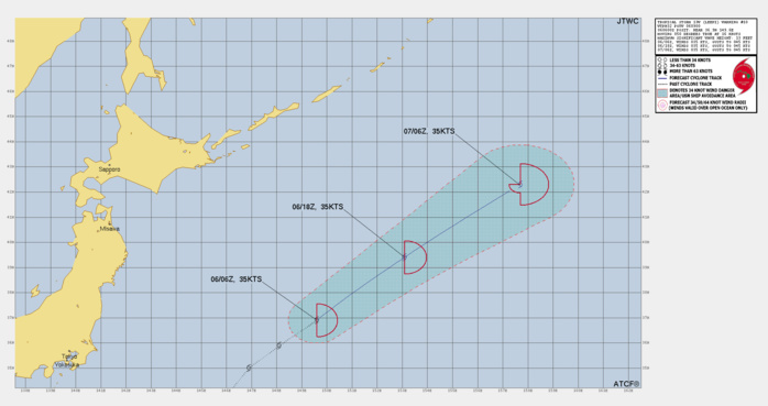 FORECAST REASONING. SIGNIFICANT FORECAST CHANGES: THERE ARE NO SIGNIFICANT CHANGES TO THE FORECAST FROM THE PREVIOUS WARNING. FORECAST DISCUSSION: INCREASING VWS VALUES (29-42 KTS) AND PLUMMETING SSTS WILL CREATE AN INHOSPITABLE ENVIRONMENT THAT WILL HAMPER ANY FURTHER DEVELOPMENT. INTERACTION WITH A THERMAL RIBBON BEGINS AT TAU 24 AS THE SYSTEM HURRIES TOWARD THE POLAR FRONT, WHICH WILL INITIATE EXTRATROPICAL TRANSITION. BY TAU 36, THE POLAR FRONT WILL BOMBARD TS 13W FROM THE NORTHWEST, AT WHICH POINT IT WILL BE CONSIDERED TO HAVE FULLY TRANSITIONED TO AN EXTRATROPICAL CYCLONE. THE SYSTEM IS FORECAST TO MAINTAIN AN INTENSITY OF 35 KTS DUE TO A COMBINATION OF FACTORS THAT INCLUDE ITS PROXIMITY TO STRONG RIDGING TO THE EAST, LEADING TO A TIGHTENED PRESSURE GRADIENT ALONG THE EAST SIDE, AND COMPOUNDED BY THE ACCELERATING FORWARD SPEEDS (APPROXIMATELY 17-23 KTS). FORECAST REASONING. SIGNIFICANT FORECAST CHANGES: THERE ARE NO SIGNIFICANT CHANGES TO THE FORECAST FROM THE PREVIOUS WARNING. FORECAST DISCUSSION: INCREASING VWS VALUES (29-42 KTS) AND PLUMMETING SSTS WILL CREATE AN INHOSPITABLE ENVIRONMENT THAT WILL HAMPER ANY FURTHER DEVELOPMENT. INTERACTION WITH A THERMAL RIBBON BEGINS AT TAU 24 AS THE SYSTEM HURRIES TOWARD THE POLAR FRONT, WHICH WILL INITIATE EXTRATROPICAL TRANSITION. BY TAU 36, THE POLAR FRONT WILL BOMBARD TS 13W FROM THE NORTHWEST, AT WHICH POINT IT WILL BE CONSIDERED TO HAVE FULLY TRANSITIONED TO AN EXTRATROPICAL CYCLONE. THE SYSTEM IS FORECAST TO MAINTAIN AN INTENSITY OF 35 KTS DUE TO A COMBINATION OF FACTORS THAT INCLUDE ITS PROXIMITY TO STRONG RIDGING TO THE EAST, LEADING TO A TIGHTENED PRESSURE GRADIENT ALONG THE EAST SIDE, AND COMPOUNDED BY THE ACCELERATING FORWARD SPEEDS (APPROXIMATELY 17-23 KTS).