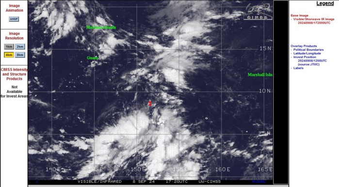 THE AREA OF CONVECTION (INVEST 95W) PREVIOUSLY LOCATED NEAR 8.5N 159.1E IS NOW LOCATED NEAR 8.7N 153.0E, APPROXIMATELY 564 NM EAST-SOUTHEAST OF GUAM. ANIMATED MULTISPECTRAL SATELLITE IMAGERY (MSI) DEPICTS A DISORGANIZED LOW-LEVEL CIRCULATION (LLC) WITH FORMATIVE BANDING. A PARTIAL 080341Z AMSR2 MICROWAVE IMAGE DEPICTS LOW-LEVEL CLOUD BANDING ON THE NORTHERN PERIPHERY OF THE CIRCULATION WITH WEAKLY ORGANIZED DEEP CONVECTION TO THE SOUTH. AN EARLIER 062339Z METOP-B ASCAT IMAGE REVEALS CYCLONIC BANDING IN THE NORTHERN PERIPHERY OF THE TROUGHING REGION BUT AN ABSENCE OF WESTERLY SUPPORT TO THE SOUTH OF THE CIRCULATION. ENVIRONMENTAL ANALYSIS REVEALS A FAVORABLE ENVIRONMENT WITH LOW VERTICAL WIND SHEAR OF 10-15KTS, GOOD POLEWARD OUTFLOW AND WARM SEA SURFACE TEMPERATURES OF 30-31 DEGREES C. GLOBAL MODELS INDICATE STEADY DEVELOPMENT WITH A NORTHWESTWARD TRACK OVER THE NEXT 2-3 DAYS. MAXIMUM SUSTAINED SURFACE WINDS ARE ESTIMATED AT 18 TO 23 KNOTS. MINIMUM SEA LEVEL PRESSURE IS ESTIMATED TO BE NEAR 1006 MB. THE POTENTIAL FOR THE DEVELOPMENT OF A SIGNIFICANT TROPICAL CYCLONE WITHIN THE NEXT 24 HOURS REMAINS MEDIUM. THE AREA OF CONVECTION (INVEST 95W) PREVIOUSLY LOCATED NEAR 8.5N 159.1E IS NOW LOCATED NEAR 8.7N 153.0E, APPROXIMATELY 564 NM EAST-SOUTHEAST OF GUAM. ANIMATED MULTISPECTRAL SATELLITE IMAGERY (MSI) DEPICTS A DISORGANIZED LOW-LEVEL CIRCULATION (LLC) WITH FORMATIVE BANDING. A PARTIAL 080341Z AMSR2 MICROWAVE IMAGE DEPICTS LOW-LEVEL CLOUD BANDING ON THE NORTHERN PERIPHERY OF THE CIRCULATION WITH WEAKLY ORGANIZED DEEP CONVECTION TO THE SOUTH. AN EARLIER 062339Z METOP-B ASCAT IMAGE REVEALS CYCLONIC BANDING IN THE NORTHERN PERIPHERY OF THE TROUGHING REGION BUT AN ABSENCE OF WESTERLY SUPPORT TO THE SOUTH OF THE CIRCULATION. ENVIRONMENTAL ANALYSIS REVEALS A FAVORABLE ENVIRONMENT WITH LOW VERTICAL WIND SHEAR OF 10-15KTS, GOOD POLEWARD OUTFLOW AND WARM SEA SURFACE TEMPERATURES OF 30-31 DEGREES C. GLOBAL MODELS INDICATE STEADY DEVELOPMENT WITH A NORTHWESTWARD TRACK OVER THE NEXT 2-3 DAYS. MAXIMUM SUSTAINED SURFACE WINDS ARE ESTIMATED AT 18 TO 23 KNOTS. MINIMUM SEA LEVEL PRESSURE IS ESTIMATED TO BE NEAR 1006 MB. THE POTENTIAL FOR THE DEVELOPMENT OF A SIGNIFICANT TROPICAL CYCLONE WITHIN THE NEXT 24 HOURS REMAINS MEDIUM.