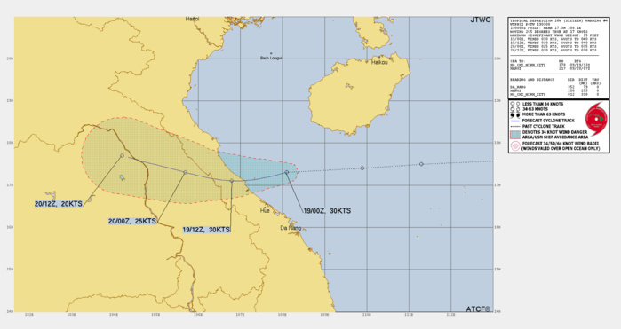 FORECAST REASONING. SIGNIFICANT FORECAST CHANGES: THERE ARE NO SIGNIFICANT CHANGES TO THE FORECAST FROM THE PREVIOUS WARNING. FORECAST DISCUSSION: TD 16W SPEED OVER WATER INCREASED TO 17 KTS SINCE THE LAST FORECAST AND THE SYSTEM IS HEADING TOWARDS NORTHERN VIETNAM AND IS EXPECTED TO MAKE LANDFALL APPROXIMATELY 90 NM NORTHWEST OF DA NANG, WHILE MAINTAINING ITS CURRENT INTENSITY OF 30 KTS. SINCE THEN, DUE TO TERRAIN INTERACTION, TD 16W IS FORECAST TO BEGIN STEADY WEAKENING DOWN TO 20 KTS INTENSITY BY TAU 36. WHILE THE SEA SURFACE TEMPERATURES ARE LOWERING, THE 29-30 DEGREES CELSIUS ARE STILL FAVORABLE. VERTICAL WIND SHEAR HOWEVER IS ON THE HIGHER END OF THE 15-20 KTS THRESHOLD, HINDERING ANY FURTHER DEVELOPMENT. FORECAST REASONING. SIGNIFICANT FORECAST CHANGES: THERE ARE NO SIGNIFICANT CHANGES TO THE FORECAST FROM THE PREVIOUS WARNING. FORECAST DISCUSSION: TD 16W SPEED OVER WATER INCREASED TO 17 KTS SINCE THE LAST FORECAST AND THE SYSTEM IS HEADING TOWARDS NORTHERN VIETNAM AND IS EXPECTED TO MAKE LANDFALL APPROXIMATELY 90 NM NORTHWEST OF DA NANG, WHILE MAINTAINING ITS CURRENT INTENSITY OF 30 KTS. SINCE THEN, DUE TO TERRAIN INTERACTION, TD 16W IS FORECAST TO BEGIN STEADY WEAKENING DOWN TO 20 KTS INTENSITY BY TAU 36. WHILE THE SEA SURFACE TEMPERATURES ARE LOWERING, THE 29-30 DEGREES CELSIUS ARE STILL FAVORABLE. VERTICAL WIND SHEAR HOWEVER IS ON THE HIGHER END OF THE 15-20 KTS THRESHOLD, HINDERING ANY FURTHER DEVELOPMENT.