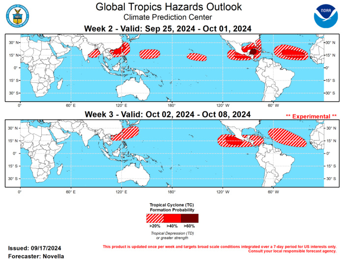 RMM observations show the MJO signal has struggled to fully propagate out of the Maritime Continent since late August. The stalling nature of the MJO signal appears to be related to continued Rossby wave activity in the western Pacific and Maritime Continent which has led to fluctuations of amplitude over this part of tropics in recent weeks. However, the signal has regained amplitude while resuming its eastward propagation more recently, and there is better confidence in the outlook that the MJO will continue to propagate into the Western Pacific and enter the Western Hemisphere during the next several weeks based on improved agreement in the RMM forecasts. While there remains some disagreement in regards to the strength and evolution of the MJO in the upper-level velocity potential forecasts among the models, objective wave filtering suggests that other modes of tropical variability are expected to be important contributors to Tropical Cyclone (TC) potential in the outlook. Specifically, strong Kelvin wave activity moving ahead of the enhanced convective MJO envelope looks to provide favorable conditions for tropical cyclogenesis over the tropical Americas, where continued signs of equatorial Rossby wave activity and a low frequency response aloft is expected to keep the western Pacific active through the end of September. Any reorganizing MJO is also expected to lead to an interruption of an enhanced trade regime over the equatorial Pacific, which may have implications on the favored transition to La Nina conditions later this fall. During the past week, three TCs developed in the global tropics. In the eastern Pacific, TC Ileana formed on 9/12 and peaked at Tropical Storm intensity as it neared Los Cabos, Baja California bringing heavy precipitation to the region. Before dissipating on 9/15, TC Ileana also brought heavy precipitation and high winds to parts of western Mexico. After forming on 9/11 near 16N/28W in the Atlantic, TC Gordon tracked westward across the Main Development Region (MDR). Intensification had been kept at bay due to periods of high shear and dry air entrainment, and as a result, this system dissipated on 9/17. However, as of 1:30 pm EDT today, the NHC shows 40% chances of Gordon redeveloping, as its remnants enter a more favorable environment in the central Atlantic later this week. In the western Pacific, TC Pulasan formed on 9/16 near 18N/140E in the Philippine Sea, and the Joint Typhoon Warning Center (JTWC) expects this system to track northwestward into the East China Sea at Tropical Storm strength. Contrast to the slow moving TC Gordon in the Atlantic, the JTWC notes that constructive interference between a tropical upper tropospheric trough and a subtropical ridge is leading to an uncharacteristically high forward track speed of the system, where it is forecast to make landfall over eastern China in the next day or so. The JTWC is monitoring another tropical disturbance (98W) located over the northern Philippines with high chances of development, but has yet to form at the time of this writing. Tied to the aforementioned Kelvin wave activity traversing the tropical Americas, there is good agreement in the models favoring the development of a band of anomalous lower-level westerlies extending from the south of Mexico into the western Caribbean and lower shear supportive of TC development. Based on good run-to-run continuity in both ensemble and deterministic solutions, and trends in the probabilistic TC genesis tools, 60% chances of TC formation are issued over the western Caribbean, with 40% chances covering both basins, and a broader 20% area extending into western Atlantic where tools also depict elevated signals during week-2. In the MDR, there is good support in the ensembles and probabilistic TC genesis tools favoring one or more easterly waves propagating off West Africa, and 40% chances are issued mainly east of 50W with a broad 20% area highlighted for much of the MDR for week-2. Inhibiting factors may still be periods of high dust and increased shear parts of the MDR, though the ITCZ looks to be in a more favorable position over the African Sahel. In the central Pacific, 20% chances are posted for week-2 approximately between 160W and 140W based on increased support in the ensembles for an area of deepening low pressure and probabilistic guidance. In the western Pacific, there is good agreement between GEFS and ECMWF favoring the persistence of anomalous lower-level westerlies extending from the South China Sea to the south of Japan. With several model solutions showing additional low pressure development, in the region 40% chances for development are issued. Further east, a separate area of 20% chances are also issued for the basin, where there is continued support in the probabilistic tools for development mainly east of the Marianas. Tied to Rossby wave activity predicted over eastern Indian Ocean and some support in the tools, 20% chances are also posted in the Bay of Bengal as this basin climatologically experiences its second mode of TC formations entering October. Should the MJO remain coherent over the Western Hemisphere in October, this historically favors less favorable conditions for TC development in the western Pacific. However, 20% chances are issued over the South China and Philippines Seas during week-3 out of deference to the low frequency response favored in the velocity potential forecasts, as well as climatology. Conversely, a Western Hemisphere MJO would support an elevated potential for development in the Eastern Pacific, and 40% chances are issued to the south of Mexico, with 20% chances extending into parts of the Caribbean. While climatology continues to shift the TC formation potential more into the Caribbean, 20% chances are posted for a broad area in the MDR given modest support in the extended range tools. RMM observations show the MJO signal has struggled to fully propagate out of the Maritime Continent since late August. The stalling nature of the MJO signal appears to be related to continued Rossby wave activity in the western Pacific and Maritime Continent which has led to fluctuations of amplitude over this part of tropics in recent weeks. However, the signal has regained amplitude while resuming its eastward propagation more recently, and there is better confidence in the outlook that the MJO will continue to propagate into the Western Pacific and enter the Western Hemisphere during the next several weeks based on improved agreement in the RMM forecasts. While there remains some disagreement in regards to the strength and evolution of the MJO in the upper-level velocity potential forecasts among the models, objective wave filtering suggests that other modes of tropical variability are expected to be important contributors to Tropical Cyclone (TC) potential in the outlook. Specifically, strong Kelvin wave activity moving ahead of the enhanced convective MJO envelope looks to provide favorable conditions for tropical cyclogenesis over the tropical Americas, where continued signs of equatorial Rossby wave activity and a low frequency response aloft is expected to keep the western Pacific active through the end of September. Any reorganizing MJO is also expected to lead to an interruption of an enhanced trade regime over the equatorial Pacific, which may have implications on the favored transition to La Nina conditions later this fall. During the past week, three TCs developed in the global tropics. In the eastern Pacific, TC Ileana formed on 9/12 and peaked at Tropical Storm intensity as it neared Los Cabos, Baja California bringing heavy precipitation to the region. Before dissipating on 9/15, TC Ileana also brought heavy precipitation and high winds to parts of western Mexico. After forming on 9/11 near 16N/28W in the Atlantic, TC Gordon tracked westward across the Main Development Region (MDR). Intensification had been kept at bay due to periods of high shear and dry air entrainment, and as a result, this system dissipated on 9/17. However, as of 1:30 pm EDT today, the NHC shows 40% chances of Gordon redeveloping, as its remnants enter a more favorable environment in the central Atlantic later this week. In the western Pacific, TC Pulasan formed on 9/16 near 18N/140E in the Philippine Sea, and the Joint Typhoon Warning Center (JTWC) expects this system to track northwestward into the East China Sea at Tropical Storm strength. Contrast to the slow moving TC Gordon in the Atlantic, the JTWC notes that constructive interference between a tropical upper tropospheric trough and a subtropical ridge is leading to an uncharacteristically high forward track speed of the system, where it is forecast to make landfall over eastern China in the next day or so. The JTWC is monitoring another tropical disturbance (98W) located over the northern Philippines with high chances of development, but has yet to form at the time of this writing. Tied to the aforementioned Kelvin wave activity traversing the tropical Americas, there is good agreement in the models favoring the development of a band of anomalous lower-level westerlies extending from the south of Mexico into the western Caribbean and lower shear supportive of TC development. Based on good run-to-run continuity in both ensemble and deterministic solutions, and trends in the probabilistic TC genesis tools, 60% chances of TC formation are issued over the western Caribbean, with 40% chances covering both basins, and a broader 20% area extending into western Atlantic where tools also depict elevated signals during week-2. In the MDR, there is good support in the ensembles and probabilistic TC genesis tools favoring one or more easterly waves propagating off West Africa, and 40% chances are issued mainly east of 50W with a broad 20% area highlighted for much of the MDR for week-2. Inhibiting factors may still be periods of high dust and increased shear parts of the MDR, though the ITCZ looks to be in a more favorable position over the African Sahel. In the central Pacific, 20% chances are posted for week-2 approximately between 160W and 140W based on increased support in the ensembles for an area of deepening low pressure and probabilistic guidance. In the western Pacific, there is good agreement between GEFS and ECMWF favoring the persistence of anomalous lower-level westerlies extending from the South China Sea to the south of Japan. With several model solutions showing additional low pressure development, in the region 40% chances for development are issued. Further east, a separate area of 20% chances are also issued for the basin, where there is continued support in the probabilistic tools for development mainly east of the Marianas. Tied to Rossby wave activity predicted over eastern Indian Ocean and some support in the tools, 20% chances are also posted in the Bay of Bengal as this basin climatologically experiences its second mode of TC formations entering October. Should the MJO remain coherent over the Western Hemisphere in October, this historically favors less favorable conditions for TC development in the western Pacific. However, 20% chances are issued over the South China and Philippines Seas during week-3 out of deference to the low frequency response favored in the velocity potential forecasts, as well as climatology. Conversely, a Western Hemisphere MJO would support an elevated potential for development in the Eastern Pacific, and 40% chances are issued to the south of Mexico, with 20% chances extending into parts of the Caribbean. While climatology continues to shift the TC formation potential more into the Caribbean, 20% chances are posted for a broad area in the MDR given modest support in the extended range tools.