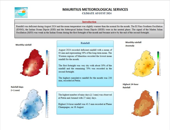 AOUT 2024 à MAURICE: warmer than normal, drier than normal//MMS Report AOUT 2024 à MAURICE: warmer than normal, drier than normal//MMS Report