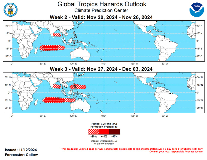 GTH Outlook Discussion Last Updated - 11/12/24 Valid - 11/20/24 - 12/03/24 The Madden Julian Oscillation (MJO) has been active during the past month, completing a full circumnavigation of the globe. Associated with the MJO is a pronounced wave-1 asymmetry pattern in the spatial upper-level velocity potential field with a clear eastward propagation during the past several weeks. Currently, the enhanced convective envelope stretches from the eastern Americas to Africa, with the suppressed phase beginning to move into the Western Hemisphere. The ECENS, CFS, and GEFS models indicate a relatively slower eastward propagation of the MJO compared to the past month, with the intraseasonal signal forecast to move across the Indian Ocean and Maritime Continent, and the GEFS depicting a faster propagation into the Western Pacific during early December. An MJO associated resurgence of enhanced low-level westerlies may develop across the Maritime Continent later in November but its eastward propagation is uncertain due to a predicted trade wind surge across the tropical Pacific which may destructively interfere with the incoming westerlies. The Western North Pacific has been active with three TC formations during the past week. Tropical Storm Man-Yi and Typhoon Toraji both developed on 11/9, with Tropical Storm Usagi forming on 11/11. According to the Joint Typhoon Warning Center (JTWC), Toraji is forecast to dissipate over the South China Sea. Man-Yi and Usagi are predicted to gradually strengthen and take similar tracks toward the northern Philippines and possibly Taiwan, with Usagi located to the west of Man-Yi. Following this burst of activity, TC formation chances are favored to diminish across the basin. However, a favorable convective environment aloft is forecast to return by week-3 as the main convective envelope moves closer to or over the Western Pacific. Therefore, a 20-40 percent chance of TC development is posted for week-3 stretching from the South China Sea eastward to the Mariana Islands. The MJO slowly moving over the Indian Ocean is forecast to lead to an uptick in TC activity. The JTWC is monitoring 95S over the Southern Indian Ocean for potential development during the next week. Conditions are forecast to remain conducive for additional TC development over this region into weeks 2 and 3, with 40-60 percent chances posted for both periods. By week-3, TC formation probabilities in the ECMWF increase toward Australia supporting an extension of the 20-40 percent probabilities to near the Kimberley Coast, although these higher chances may be delayed into week-4. TC formation is also possible across the Bay of Bengal, although models are borderline in terms of timing with TC formation being depicted in both periods. Therefore, only 20-40 percent chances are highlighted for both week-2 and week-3 despite some stronger signals in the guidance. The National Hurricane Center (NHC) indicates a 90 percent chance of TC formation across the Caribbean during the next 7-days. Given that this system is most likely to develop by the start of week-2, no related TC formation probabilities are highlighted over the region in this outlook. However, interests in the western Caribbean and Florida are advised to monitor updates from NHC regarding this system and any potential impacts. GTH Outlook Discussion Last Updated - 11/12/24 Valid - 11/20/24 - 12/03/24 The Madden Julian Oscillation (MJO) has been active during the past month, completing a full circumnavigation of the globe. Associated with the MJO is a pronounced wave-1 asymmetry pattern in the spatial upper-level velocity potential field with a clear eastward propagation during the past several weeks. Currently, the enhanced convective envelope stretches from the eastern Americas to Africa, with the suppressed phase beginning to move into the Western Hemisphere. The ECENS, CFS, and GEFS models indicate a relatively slower eastward propagation of the MJO compared to the past month, with the intraseasonal signal forecast to move across the Indian Ocean and Maritime Continent, and the GEFS depicting a faster propagation into the Western Pacific during early December. An MJO associated resurgence of enhanced low-level westerlies may develop across the Maritime Continent later in November but its eastward propagation is uncertain due to a predicted trade wind surge across the tropical Pacific which may destructively interfere with the incoming westerlies. The Western North Pacific has been active with three TC formations during the past week. Tropical Storm Man-Yi and Typhoon Toraji both developed on 11/9, with Tropical Storm Usagi forming on 11/11. According to the Joint Typhoon Warning Center (JTWC), Toraji is forecast to dissipate over the South China Sea. Man-Yi and Usagi are predicted to gradually strengthen and take similar tracks toward the northern Philippines and possibly Taiwan, with Usagi located to the west of Man-Yi. Following this burst of activity, TC formation chances are favored to diminish across the basin. However, a favorable convective environment aloft is forecast to return by week-3 as the main convective envelope moves closer to or over the Western Pacific. Therefore, a 20-40 percent chance of TC development is posted for week-3 stretching from the South China Sea eastward to the Mariana Islands. The MJO slowly moving over the Indian Ocean is forecast to lead to an uptick in TC activity. The JTWC is monitoring 95S over the Southern Indian Ocean for potential development during the next week. Conditions are forecast to remain conducive for additional TC development over this region into weeks 2 and 3, with 40-60 percent chances posted for both periods. By week-3, TC formation probabilities in the ECMWF increase toward Australia supporting an extension of the 20-40 percent probabilities to near the Kimberley Coast, although these higher chances may be delayed into week-4. TC formation is also possible across the Bay of Bengal, although models are borderline in terms of timing with TC formation being depicted in both periods. Therefore, only 20-40 percent chances are highlighted for both week-2 and week-3 despite some stronger signals in the guidance. The National Hurricane Center (NHC) indicates a 90 percent chance of TC formation across the Caribbean during the next 7-days. Given that this system is most likely to develop by the start of week-2, no related TC formation probabilities are highlighted over the region in this outlook. However, interests in the western Caribbean and Florida are advised to monitor updates from NHC regarding this system and any potential impacts.