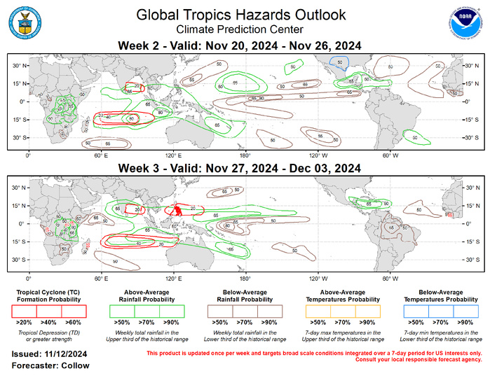 Forecasts for above- and below-average rainfall during Weeks 2 and 3 are based on historical composites of Indian Ocean and Maritime Continent MJO events, a low frequency state leaning towards La Niña, and a skill-weighted consolidated blend of dynamical model guidance. Above-normal rainfall is forecast across much of the Indian Ocean and Maritime Continent during both periods, and spreading more into the Western Pacific by week-3. Below-normal rainfall is indicated across the equatorial and eastern Pacific tied to the suppressed phase of the MJO. Above-normal rainfall remains forecast across Central America and the Caribbean. Below-normal temperatures are favored across parts of the southwestern U.S. and the Southern Plains. Forecasts for above- and below-average rainfall during Weeks 2 and 3 are based on historical composites of Indian Ocean and Maritime Continent MJO events, a low frequency state leaning towards La Niña, and a skill-weighted consolidated blend of dynamical model guidance. Above-normal rainfall is forecast across much of the Indian Ocean and Maritime Continent during both periods, and spreading more into the Western Pacific by week-3. Below-normal rainfall is indicated across the equatorial and eastern Pacific tied to the suppressed phase of the MJO. Above-normal rainfall remains forecast across Central America and the Caribbean. Below-normal temperatures are favored across parts of the southwestern U.S. and the Southern Plains.