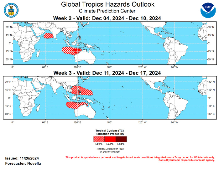 GTH Outlook Discussion Last Updated - 11/26/24 Valid - 12/04/24 - 12/17/24 Since becoming briefly disorganized over the Western Hemisphere earlier this month, both RMM and upper-level velocity potential anomaly observations show the MJO regaining amplitude with the enhanced phase propagating eastward over the Indian Ocean during the past week. Notably, the strengthening of the suppressed MJO envelope over the Pacific not only led to a break in Tropical Cyclone (TC) activity in the western Pacific basin, but also contributed to a broadening of anomalous lower-level easterlies along the equator (approximately from 120E to 120W), where an enhanced trade regime may help to enliven a La Nina base state later this year and into 2025. Looking ahead, there is good agreement in the dynamical models favoring continued eastward propagation of the MJO into and across the Maritime Continent, but there are some discrepancies in the guidance in regards to the evolution and coherence of subseasonal activity as the enhanced phase nears the Western Pacific later in December. Upper-level velocity potential anomaly forecasts depict the pattern becoming more disorganized by early December, with a low frequency response taking shape over the Maritime Continent. Similarly, lower-level zonal wind forecasts feature more persistent anomalies, suggestive of the Maritime Continent Barrier effect. However, a more progressive westerly phase of the MJO favored aloft in the models may advect less diffluent background flow, and help maintain the passage of the MJO into the Western Pacific. This realization is supported in the RMM forecasts with more ensemble members in recent runs crossing the Western Pacific, with the GEFS depicting several robust members in RMM space. The thinking is that this is likely significant, as the GEFS has been prone to stalling the MJO over the Maritime Continent based on a recent verification study. Although the amplitude of the MJO remains somewhat a question over time, the continuation of subseasonal activity expected over the Maritime Continent and into Western Pacific brings increased chances for TC development over the eastern Indian Ocean and parts of the Western Pacific during the next several weeks. It is also worth noting that while extratropical responses typically associated with Indian Ocean MJO events predominately favor warmer than normal temperatures for much of the central and eastern CONUS during boreal autumn, there are previous instances where a faster Rossby wave response from enhanced Indian Ocean convection shifting into the Maritime Continent resulted in more amplified ridging over the western U.S. and forced a downstream trough to induce anomalously colder temperatures over the eastern U.S, which is consistent with the model guidance over North America heading into early December. No TCs formed during the past week. For week-1, models continue to agree on a Westerly Wind Burst (WWB) event in the equatorial Indian Ocean (near 90E) where twin TCs (99B and 96S) are favored to form on both sides of the equator according to the Joint Typhoon Warning Center (JTWC). For 99B that is likely to form within the next day or so, models show the disturbance slowly tracking northeastward towards eastern India, though some deterministic and ensemble solutions from the ECWMF favor the low crossing India and possibly redeveloping over the Arabian Sea by the start of week-2. While the GEFS keeps the mean low over the Bay of Bengal, 20% chances for TC formation are posted to the west of India to capture this potential. Tied to the active MJO, strongly anomalous lower-level westerlies are favored to protrude eastward into the Maritime Continent, supporting TC development over the Bay of Bengal, South China Sea and the southeastern Indian Ocean. Although probabilistic tools maintain genesis signals north of the equator, the shearing environment may be too unfavorable, and there are lesser signs for low development to support any corresponding TC shapes in the week-2 outlook. However, based on continued good support in the guidance south of the equator, 40% chances are issued for week-2 to the north of western Australia, with a broad area of 20% chances extending westward to approximately 95E. For week-3, an eastward propagating MJO from phase 5 into phase 6 historically supports TC development in western Pacific, north of Australia, with odds increasing into the South Pacific based on MJO composites for Nov-Jan. Despite a quieter climatology for TC activity in the western Pacific during December, extended range probabilistic tools show increased chances for development across the South China and Philippine Seas, as well as to the north of Australia where 20% chances are issued. Genesis signals are evident in the probabilistic tools over the South Pacific during week-3, however these signals appear too modest and varied in space to support a corresponding TC shape at this time. GTH Outlook Discussion Last Updated - 11/26/24 Valid - 12/04/24 - 12/17/24 Since becoming briefly disorganized over the Western Hemisphere earlier this month, both RMM and upper-level velocity potential anomaly observations show the MJO regaining amplitude with the enhanced phase propagating eastward over the Indian Ocean during the past week. Notably, the strengthening of the suppressed MJO envelope over the Pacific not only led to a break in Tropical Cyclone (TC) activity in the western Pacific basin, but also contributed to a broadening of anomalous lower-level easterlies along the equator (approximately from 120E to 120W), where an enhanced trade regime may help to enliven a La Nina base state later this year and into 2025. Looking ahead, there is good agreement in the dynamical models favoring continued eastward propagation of the MJO into and across the Maritime Continent, but there are some discrepancies in the guidance in regards to the evolution and coherence of subseasonal activity as the enhanced phase nears the Western Pacific later in December. Upper-level velocity potential anomaly forecasts depict the pattern becoming more disorganized by early December, with a low frequency response taking shape over the Maritime Continent. Similarly, lower-level zonal wind forecasts feature more persistent anomalies, suggestive of the Maritime Continent Barrier effect. However, a more progressive westerly phase of the MJO favored aloft in the models may advect less diffluent background flow, and help maintain the passage of the MJO into the Western Pacific. This realization is supported in the RMM forecasts with more ensemble members in recent runs crossing the Western Pacific, with the GEFS depicting several robust members in RMM space. The thinking is that this is likely significant, as the GEFS has been prone to stalling the MJO over the Maritime Continent based on a recent verification study. Although the amplitude of the MJO remains somewhat a question over time, the continuation of subseasonal activity expected over the Maritime Continent and into Western Pacific brings increased chances for TC development over the eastern Indian Ocean and parts of the Western Pacific during the next several weeks. It is also worth noting that while extratropical responses typically associated with Indian Ocean MJO events predominately favor warmer than normal temperatures for much of the central and eastern CONUS during boreal autumn, there are previous instances where a faster Rossby wave response from enhanced Indian Ocean convection shifting into the Maritime Continent resulted in more amplified ridging over the western U.S. and forced a downstream trough to induce anomalously colder temperatures over the eastern U.S, which is consistent with the model guidance over North America heading into early December. No TCs formed during the past week. For week-1, models continue to agree on a Westerly Wind Burst (WWB) event in the equatorial Indian Ocean (near 90E) where twin TCs (99B and 96S) are favored to form on both sides of the equator according to the Joint Typhoon Warning Center (JTWC). For 99B that is likely to form within the next day or so, models show the disturbance slowly tracking northeastward towards eastern India, though some deterministic and ensemble solutions from the ECWMF favor the low crossing India and possibly redeveloping over the Arabian Sea by the start of week-2. While the GEFS keeps the mean low over the Bay of Bengal, 20% chances for TC formation are posted to the west of India to capture this potential. Tied to the active MJO, strongly anomalous lower-level westerlies are favored to protrude eastward into the Maritime Continent, supporting TC development over the Bay of Bengal, South China Sea and the southeastern Indian Ocean. Although probabilistic tools maintain genesis signals north of the equator, the shearing environment may be too unfavorable, and there are lesser signs for low development to support any corresponding TC shapes in the week-2 outlook. However, based on continued good support in the guidance south of the equator, 40% chances are issued for week-2 to the north of western Australia, with a broad area of 20% chances extending westward to approximately 95E. For week-3, an eastward propagating MJO from phase 5 into phase 6 historically supports TC development in western Pacific, north of Australia, with odds increasing into the South Pacific based on MJO composites for Nov-Jan. Despite a quieter climatology for TC activity in the western Pacific during December, extended range probabilistic tools show increased chances for development across the South China and Philippine Seas, as well as to the north of Australia where 20% chances are issued. Genesis signals are evident in the probabilistic tools over the South Pacific during week-3, however these signals appear too modest and varied in space to support a corresponding TC shape at this time.
