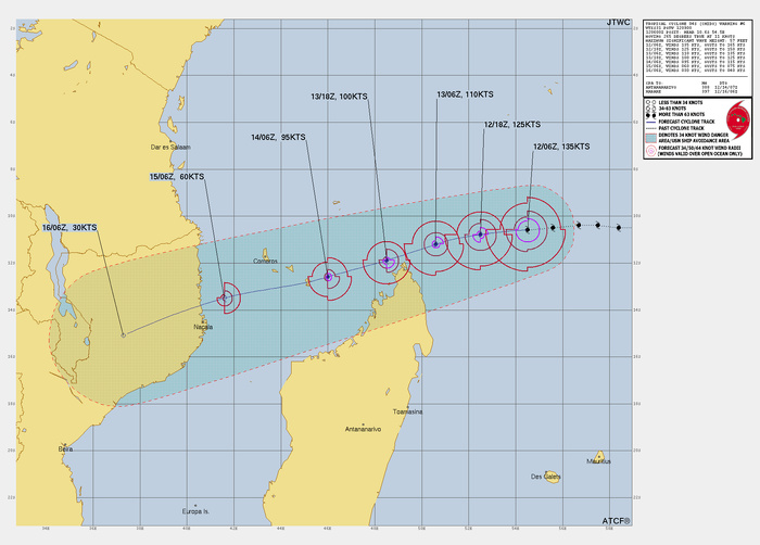 FORECAST REASONING.  SIGNIFICANT FORECAST CHANGES: CURRENT INTENSITY EXCEEDS PREVIOUSLY EXPECTED INTENSITY BY 10 KTS. THERE ARE NO OTHER SIGNIFICANT CHANGES FROM THE PREVIOUS FORECAST.  FORECAST DISCUSSION: TC 04S IS FORECASTED TO CONTINUE TRACKING GENERALLY WEST-SOUTHWESTWARD ALONG THE NORTHWESTERN PERIPHERY OF A SUBTROPICAL RIDGE LOCATED DIRECTLY TO THE SOUTH. BETWEEN TAU 24 AND TAU 36, CHIDO IS EXPECTED TO MOVE JUST NORTH OF THE NORTHERN MOST TIP OF MADAGASCAR. FOLLOWING TAU 36, THE TC WILL CONTINUE WEST-SOUTHWESTWARD, ALONG THE WESTWARD EXTENT OF THE AFOREMENTIONED RIDGE BUILDING INTO SOUTHERN MOZAMBIQUE. AFTER TAU 48, TC CHIDO WILL MOVE ANTICYCLONICALLY TOWARD THE SUBTROPICAL RIDGE AXIS, MAKING LANDFALL JUST AFTER TAU 72 AND NORTH OF NACALA, MOZAMBIQUE. BETWEEN TAU 72 AND TAU 96, TC 04S IS EXPECTED TO DISSIPATE AS THE SYSTEM MOVES INLAND. WITH REGARD TO INTENSITY, THE SYSTEM IS EXPECTED TO HAVE REACHED MAXIMUM INTENSITY OVER THE LAST FEW HOURS, WITH ITS INITIAL WEAKENING PHASE BEGINNING IMMINENTLY. WITH THAT BEING SAID, THE TC 04S IS FORECASTED TO ENCOUNTER AN INCREASE IN VWS INTO TAU 48 (20-25 KTS FROM THE EAST), ERODING THE SYSTEM TO 95 KTS DURING ITS WEST-SOUTHWESTWARD TRACK WEST OF NORTHERN MADAGASCAR. ALTHOUGH VWS WILL INITIALLY WEAKEN THE SYSTEM, TC CHIDO IS EXPECTED TO MAINTAIN A RELATIVELY HIGH INTENSITY OF 60 KTS JUST BEFORE MAKING LANDFALL AFTER TAU 72. AFTER LANDFALL, THE OVERALL INTENSITY WILL WEAKEN TO 30 KTS BY TAU 96 DUE TO INTERACTION WITH THE LOCAL TERRAIN. FORECAST REASONING.  SIGNIFICANT FORECAST CHANGES: CURRENT INTENSITY EXCEEDS PREVIOUSLY EXPECTED INTENSITY BY 10 KTS. THERE ARE NO OTHER SIGNIFICANT CHANGES FROM THE PREVIOUS FORECAST.  FORECAST DISCUSSION: TC 04S IS FORECASTED TO CONTINUE TRACKING GENERALLY WEST-SOUTHWESTWARD ALONG THE NORTHWESTERN PERIPHERY OF A SUBTROPICAL RIDGE LOCATED DIRECTLY TO THE SOUTH. BETWEEN TAU 24 AND TAU 36, CHIDO IS EXPECTED TO MOVE JUST NORTH OF THE NORTHERN MOST TIP OF MADAGASCAR. FOLLOWING TAU 36, THE TC WILL CONTINUE WEST-SOUTHWESTWARD, ALONG THE WESTWARD EXTENT OF THE AFOREMENTIONED RIDGE BUILDING INTO SOUTHERN MOZAMBIQUE. AFTER TAU 48, TC CHIDO WILL MOVE ANTICYCLONICALLY TOWARD THE SUBTROPICAL RIDGE AXIS, MAKING LANDFALL JUST AFTER TAU 72 AND NORTH OF NACALA, MOZAMBIQUE. BETWEEN TAU 72 AND TAU 96, TC 04S IS EXPECTED TO DISSIPATE AS THE SYSTEM MOVES INLAND. WITH REGARD TO INTENSITY, THE SYSTEM IS EXPECTED TO HAVE REACHED MAXIMUM INTENSITY OVER THE LAST FEW HOURS, WITH ITS INITIAL WEAKENING PHASE BEGINNING IMMINENTLY. WITH THAT BEING SAID, THE TC 04S IS FORECASTED TO ENCOUNTER AN INCREASE IN VWS INTO TAU 48 (20-25 KTS FROM THE EAST), ERODING THE SYSTEM TO 95 KTS DURING ITS WEST-SOUTHWESTWARD TRACK WEST OF NORTHERN MADAGASCAR. ALTHOUGH VWS WILL INITIALLY WEAKEN THE SYSTEM, TC CHIDO IS EXPECTED TO MAINTAIN A RELATIVELY HIGH INTENSITY OF 60 KTS JUST BEFORE MAKING LANDFALL AFTER TAU 72. AFTER LANDFALL, THE OVERALL INTENSITY WILL WEAKEN TO 30 KTS BY TAU 96 DUE TO INTERACTION WITH THE LOCAL TERRAIN.