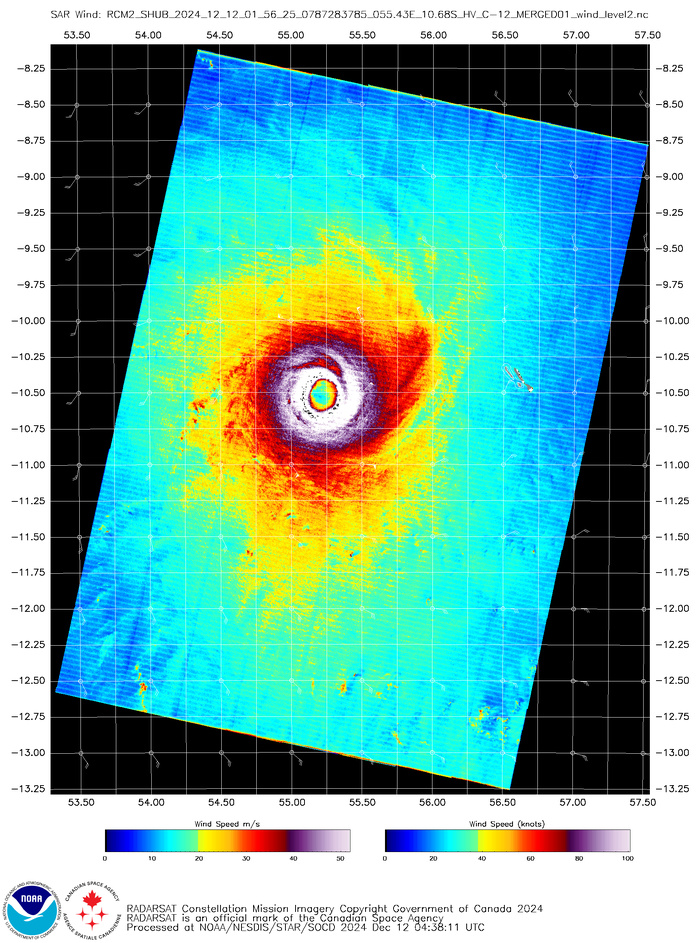 Platform: RCM-2 Acquisition Date: 2024-12-12 01:56:25 UTC Storm Name: SH042025 / CHIDO Storm ID: SH04 Storm Center Longitude: 55.198 Storm Center Latitude: -10.522 Incidence Angle (Degrees): 41.961 Quadrant 1 NE VMax (kts): 128.52 Quadrant 2 SE VMax (kts): 125.50 Quadrant 3 SW VMax (kts): 125.28 Quadrant 4 NW VMax (kts): 131.09 RMax (nmi): 9.00 - 9.00 Platform: RCM-2 Acquisition Date: 2024-12-12 01:56:25 UTC Storm Name: SH042025 / CHIDO Storm ID: SH04 Storm Center Longitude: 55.198 Storm Center Latitude: -10.522 Incidence Angle (Degrees): 41.961 Quadrant 1 NE VMax (kts): 128.52 Quadrant 2 SE VMax (kts): 125.50 Quadrant 3 SW VMax (kts): 125.28 Quadrant 4 NW VMax (kts): 131.09 RMax (nmi): 9.00 - 9.00