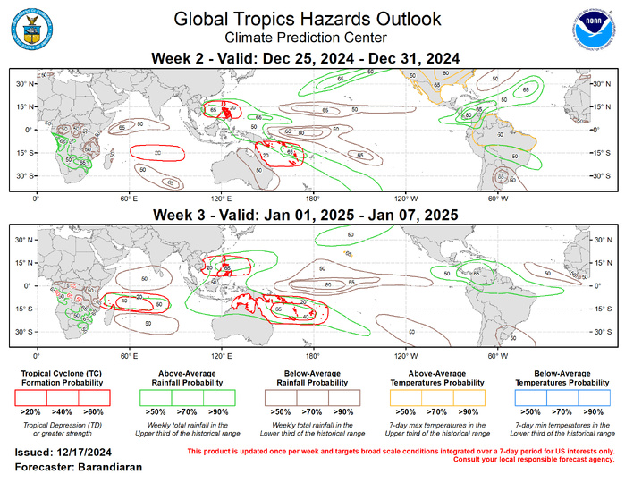 The precipitation outlook for weeks 2 and 3 is based on potential TC activity, the anticipated state of ENSO and the MJO, and informed by GEFS, CFS, Canadian, and ECMWF ensemble mean solutions. During week-2 above-normal temperatures are indicated for much of northern South America, and strongly favored for much of the CONUS and Mexico, as well as the Hawaiian Island. For hazardous weather conditions in your area during the coming two-week period, please refer to your local NWS office, the Medium Range Hazards Forecast produced by the Weather Prediction Center, and the CPC Week-2 Hazards Outlook. Forecasts made over Africa are made in coordination with the International Desk at CPC. The precipitation outlook for weeks 2 and 3 is based on potential TC activity, the anticipated state of ENSO and the MJO, and informed by GEFS, CFS, Canadian, and ECMWF ensemble mean solutions. During week-2 above-normal temperatures are indicated for much of northern South America, and strongly favored for much of the CONUS and Mexico, as well as the Hawaiian Island. For hazardous weather conditions in your area during the coming two-week period, please refer to your local NWS office, the Medium Range Hazards Forecast produced by the Weather Prediction Center, and the CPC Week-2 Hazards Outlook. Forecasts made over Africa are made in coordination with the International Desk at CPC.