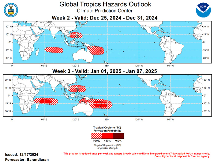 GTH Outlook Discussion Last Updated - 12/17/24 Valid - 12/25/24 - 01/07/25 The MJO has continued to be a significant player in the tropics. However, the emerging La Niña base state has been a growing source of interference with both the propagation and amplitude of the MJO. Dynamical model forecasts depict continued eastward propagation of the MJO signal with a slow phase. Extended range RMM-index solutions indicate the potential for a surge in the strength of the MJO during weeks 3&4 as it shifts into the Western Hemisphere and La Niña interference lessens. A continued eastward MJO propagation over the Pacific would favor a period of below-normal temperatures across the northeastern U.S. to start off the New Year, as well as a wet start for the West Coast. During the last week a sub-tropical system formed off the southern coast of Brazil, and was named Bigua by the Brazilian navy. While its status as a tropical cyclone (TC) is somewhat ambiguous, systems of this kind are rare in the South Atlantic and thus is a noteworthy inclusion to the weekly summary of TC activity. Other than this system, there has been no TC activity over the last week, although the Joint Typhoon Warning Center (JTWC) is monitoring an area of disturbed weather designated 96W, just east of the Philippines for TC development, which is favored to occur in the very near future. Please refer to the JTWC for more information regarding potential TC 96W. With the MJO forecast to be in phases 6-8 (Western Pacific/Western Hemisphere) during the forecast period, the northern coast of Australia and the South Pacific are favored to be active regions for TC activity during weeks 2-3. For both weeks the ECMWF and GEFS depict steadily increasing probabilities of TC genesis in these regions, with a slight risk (20% probability) of TC genesis off northeast coast of Australia and the South Pacific for both weeks, with a moderate risk (40%) posted for the South Pacific during week-3. A slight risk for TC genesis is also posted for the South China Sea portions of the Philippine Sea for both weeks due to favorable MJO positioning. Finally, a slight risk of TC genesis is posted for weeks 2&3 for the southwestern Indian Ocean with continued anomalous westerlies favored to persist through the forecast period. A moderate risk of TC genesis is posted for week-3 northeast of Madagascar, as the MJO moves into the Western Hemisphere, providing a more favorable environment for TC development over the region. MJO teleconnections generally favor wetter conditions for portions of the Pacific Northwest, and initially favor warm conditions over much of the Contiguous U.S. (CONUS). Extended RMM forecasts indicate that eastward propagation is favored to continue beyond week 3, colder conditions become favored over the Northeast U.S. as the MJO moves into phase 8. GTH Outlook Discussion Last Updated - 12/17/24 Valid - 12/25/24 - 01/07/25 The MJO has continued to be a significant player in the tropics. However, the emerging La Niña base state has been a growing source of interference with both the propagation and amplitude of the MJO. Dynamical model forecasts depict continued eastward propagation of the MJO signal with a slow phase. Extended range RMM-index solutions indicate the potential for a surge in the strength of the MJO during weeks 3&4 as it shifts into the Western Hemisphere and La Niña interference lessens. A continued eastward MJO propagation over the Pacific would favor a period of below-normal temperatures across the northeastern U.S. to start off the New Year, as well as a wet start for the West Coast. During the last week a sub-tropical system formed off the southern coast of Brazil, and was named Bigua by the Brazilian navy. While its status as a tropical cyclone (TC) is somewhat ambiguous, systems of this kind are rare in the South Atlantic and thus is a noteworthy inclusion to the weekly summary of TC activity. Other than this system, there has been no TC activity over the last week, although the Joint Typhoon Warning Center (JTWC) is monitoring an area of disturbed weather designated 96W, just east of the Philippines for TC development, which is favored to occur in the very near future. Please refer to the JTWC for more information regarding potential TC 96W. With the MJO forecast to be in phases 6-8 (Western Pacific/Western Hemisphere) during the forecast period, the northern coast of Australia and the South Pacific are favored to be active regions for TC activity during weeks 2-3. For both weeks the ECMWF and GEFS depict steadily increasing probabilities of TC genesis in these regions, with a slight risk (20% probability) of TC genesis off northeast coast of Australia and the South Pacific for both weeks, with a moderate risk (40%) posted for the South Pacific during week-3. A slight risk for TC genesis is also posted for the South China Sea portions of the Philippine Sea for both weeks due to favorable MJO positioning. Finally, a slight risk of TC genesis is posted for weeks 2&3 for the southwestern Indian Ocean with continued anomalous westerlies favored to persist through the forecast period. A moderate risk of TC genesis is posted for week-3 northeast of Madagascar, as the MJO moves into the Western Hemisphere, providing a more favorable environment for TC development over the region. MJO teleconnections generally favor wetter conditions for portions of the Pacific Northwest, and initially favor warm conditions over much of the Contiguous U.S. (CONUS). Extended RMM forecasts indicate that eastward propagation is favored to continue beyond week 3, colder conditions become favored over the Northeast U.S. as the MJO moves into phase 8.