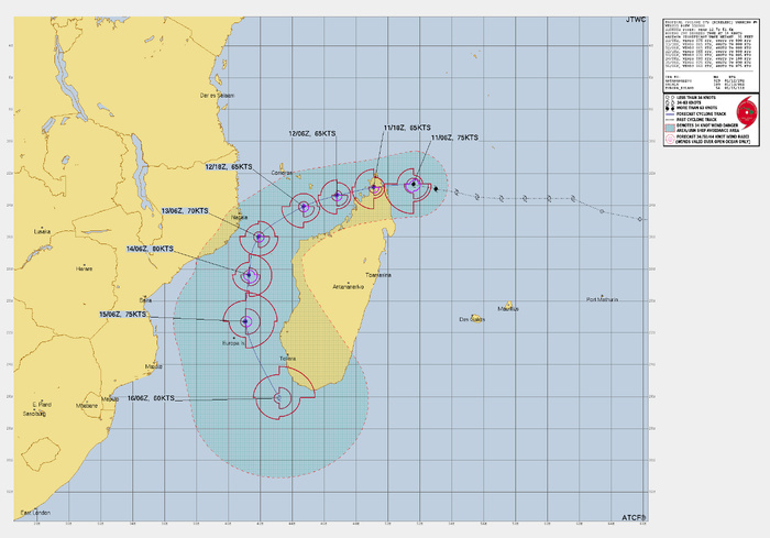 FORECAST REASONING. SIGNIFICANT FORECAST CHANGES: THERE ARE NO SIGNIFICANT CHANGES TO THE FORECAST FROM THE PREVIOUS WARNING. FORECAST DISCUSSION: TC 07S WILL CONTINUE TO TRACK WESTWARD PASSING OVER THE NORTHERN TIP OF MADAGASCAR OVER THE NEXT 12 HOURS. AFTER PASSING BACK OVER WATER, THE SYSTEM WILL BEGIN TO ROUND THE CURVE OF A STR CENTERED OVER SOUTHEASTERN MADAGASCAR, CAUSING THE SYSTEM TO TRACK THROUGH THE MOZAMBIQUE CHANNEL. AT TAU 96 THE SYSTEM WILL TRACK SOUTHEASTWARD WHILE REMAINING UNDER THE STEERING INFLUENCE OF THE STR. THE SYSTEM WILL CONTINUE TO INTENSIFY UNTIL MAKING LANDFALL, WHICH WILL DISRUPT INTENSIFICATION DUE TO HIGH SHEAR AND TOPOGRAPHIC INTERACTION. HIGH SHEAR WILL CONTINUE TO HINDER INTENSIFICATION UNTIL TAU 48, AND TC 07S WILL PEAK AT AN INTENSITY OF 80KTS BY TAU 80. VERTICAL WIND SHEAR WILL INCREASE TO 20KTS ONCE AGAIN BY TAU 60, DUE TO AN APPROACHING UPPER-LEVEL TROUGH APPROACHING FROM THE SOUTHWEST. AS THE UPPER-LEVEL TROUGH CONTINUES EAST, THE SYSTEM WILL WEAKEN. EXTRATROPICAL TRANSITION WILL COMMENCE BY THE END OF THE FORECAST PERIOD. FORECAST REASONING. SIGNIFICANT FORECAST CHANGES: THERE ARE NO SIGNIFICANT CHANGES TO THE FORECAST FROM THE PREVIOUS WARNING. FORECAST DISCUSSION: TC 07S WILL CONTINUE TO TRACK WESTWARD PASSING OVER THE NORTHERN TIP OF MADAGASCAR OVER THE NEXT 12 HOURS. AFTER PASSING BACK OVER WATER, THE SYSTEM WILL BEGIN TO ROUND THE CURVE OF A STR CENTERED OVER SOUTHEASTERN MADAGASCAR, CAUSING THE SYSTEM TO TRACK THROUGH THE MOZAMBIQUE CHANNEL. AT TAU 96 THE SYSTEM WILL TRACK SOUTHEASTWARD WHILE REMAINING UNDER THE STEERING INFLUENCE OF THE STR. THE SYSTEM WILL CONTINUE TO INTENSIFY UNTIL MAKING LANDFALL, WHICH WILL DISRUPT INTENSIFICATION DUE TO HIGH SHEAR AND TOPOGRAPHIC INTERACTION. HIGH SHEAR WILL CONTINUE TO HINDER INTENSIFICATION UNTIL TAU 48, AND TC 07S WILL PEAK AT AN INTENSITY OF 80KTS BY TAU 80. VERTICAL WIND SHEAR WILL INCREASE TO 20KTS ONCE AGAIN BY TAU 60, DUE TO AN APPROACHING UPPER-LEVEL TROUGH APPROACHING FROM THE SOUTHWEST. AS THE UPPER-LEVEL TROUGH CONTINUES EAST, THE SYSTEM WILL WEAKEN. EXTRATROPICAL TRANSITION WILL COMMENCE BY THE END OF THE FORECAST PERIOD.