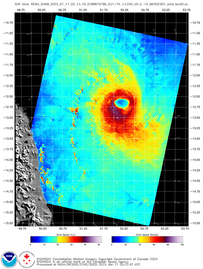 Platform: RCM-3 Acquisition Date: 2025-01-11 02:13:16 UTC Storm Name: SH072025 / DIKELEDI Storm ID: SH07 Storm Center Longitude: 53.296 Storm Center Latitude: -12.608 Incidence Angle (Degrees): 20.860 Quadrant 1 NE VMax (kts): N/A Quadrant 2 SE VMax (kts): 38.12 Quadrant 3 SW VMax (kts): 78.39 Quadrant 4 NW VMax (kts): 67.43 RMax (nmi): 33.00 - 76.00 Platform: RCM-3 Acquisition Date: 2025-01-11 02:13:16 UTC Storm Name: SH072025 / DIKELEDI Storm ID: SH07 Storm Center Longitude: 53.296 Storm Center Latitude: -12.608 Incidence Angle (Degrees): 20.860 Quadrant 1 NE VMax (kts): N/A Quadrant 2 SE VMax (kts): 38.12 Quadrant 3 SW VMax (kts): 78.39 Quadrant 4 NW VMax (kts): 67.43 RMax (nmi): 33.00 - 76.00
