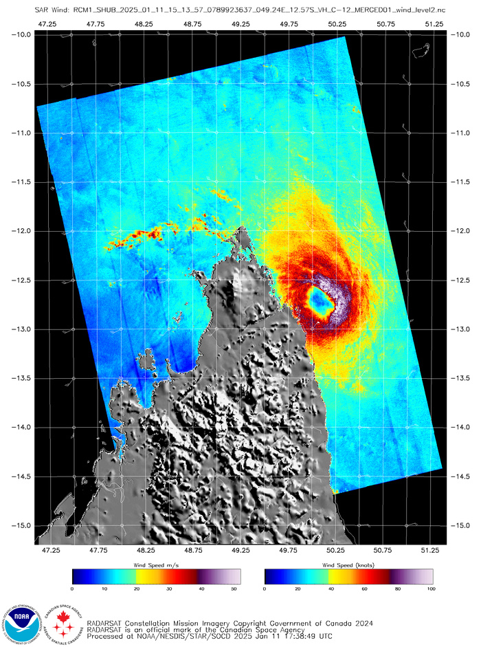 Storm Center Longitude: 50.080 Storm Center Latitude: -12.714 Incidence Angle (Degrees): 54.399 Quadrant 1 NE VMax (kts): 96.64 Quadrant 2 SE VMax (kts): 96.48 Quadrant 3 SW VMax (kts): 75.53 Quadrant 4 NW VMax (kts): 80.71 RMax (nmi): 11.00 - 14.00 Storm Center Longitude: 50.080 Storm Center Latitude: -12.714 Incidence Angle (Degrees): 54.399 Quadrant 1 NE VMax (kts): 96.64 Quadrant 2 SE VMax (kts): 96.48 Quadrant 3 SW VMax (kts): 75.53 Quadrant 4 NW VMax (kts): 80.71 RMax (nmi): 11.00 - 14.00