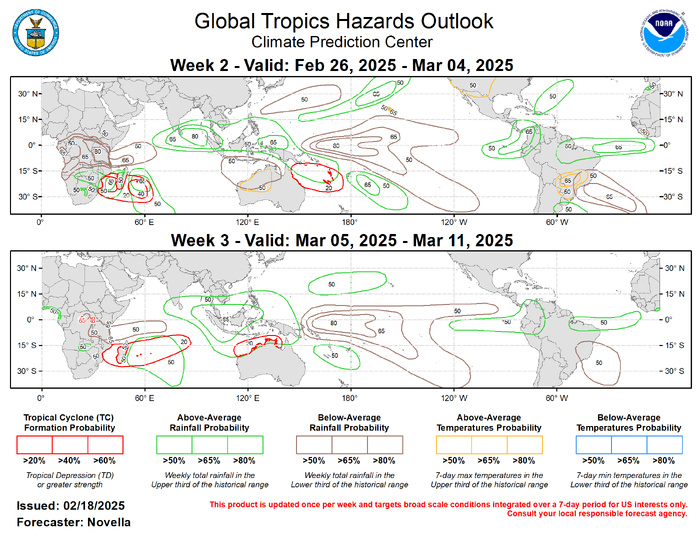 Forecasts for enhanced and suppressed precipitation are based on the continued La Nina response, historical MJO composites for phases 1-3 during Jan-Mar, anticipated TC tracks, and a skill weighted consolidation of GEFS, CFSv2, ECWMF ensemble forecast systems. Following an outbreak of Arctic air mainly east of the North American Rockies during week-1, a fairly swift moderation of temperatures are expected, with above-normal conditions favored for much of the western and central CONUS for week-2. South of the equator, above-normal temperatures are expected to accompany the dryness forecast for much of northwestern Australia, with increased chances for daytime temperatures exceeding 105 deg F during week-2. Above-normal temperatures are also favored for portions of east-central South America. Forecasts for enhanced and suppressed precipitation are based on the continued La Nina response, historical MJO composites for phases 1-3 during Jan-Mar, anticipated TC tracks, and a skill weighted consolidation of GEFS, CFSv2, ECWMF ensemble forecast systems. Following an outbreak of Arctic air mainly east of the North American Rockies during week-1, a fairly swift moderation of temperatures are expected, with above-normal conditions favored for much of the western and central CONUS for week-2. South of the equator, above-normal temperatures are expected to accompany the dryness forecast for much of northwestern Australia, with increased chances for daytime temperatures exceeding 105 deg F during week-2. Above-normal temperatures are also favored for portions of east-central South America.
