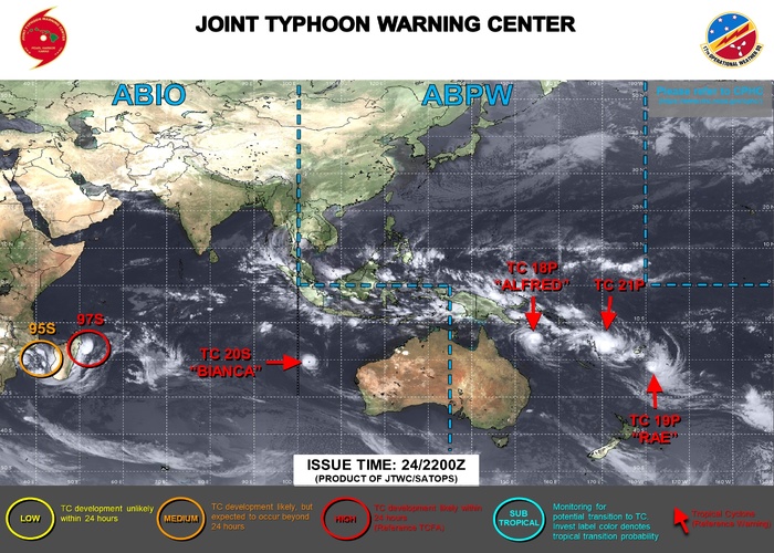 JTWC IS ISSUING 12 HOURLY WARNINGS ON 18P, 19P, 20S AND 21P. 3 HOURLY SATELLITE BULLETINS ARE ISSUED ON 97S AND 95S. JTWC IS ISSUING 12 HOURLY WARNINGS ON 18P, 19P, 20S AND 21P. 3 HOURLY SATELLITE BULLETINS ARE ISSUED ON 97S AND 95S.