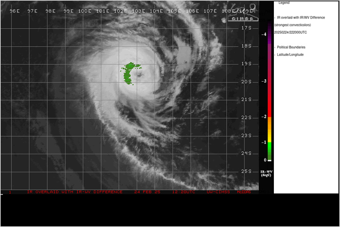 SATELLITE ANALYSIS, INITIAL POSITION AND INTENSITY DISCUSSION: ANIMATED ENHANCED INFRARED (EIR) SATELLITE IMAGERY DEPICTS TROPICAL CYCLONE 20S (BIANCA) WITH A 24 NM SLIGHTLY RAGGED EYE AND A MUCH MORE SYMMETRIC CENTRAL DENSE OVERCAST SURROUNDING THE EYEWALL. ENVIRONMENTAL ANALYSIS INDICATES THAT 20S IS IN A FAVORABLE ENVIRONMENT CHARACTERIZED BY STRONG POLEWARD OUTFLOW ALOFT, LOW (5-10 KTS) VERTICAL WIND SHEAR, AND WARM (26-27 C) SEA SURFACE TEMPERATURES. THE INITIAL POSITION IS PLACED WITH HIGH CONFIDENCE BASED ON THE EYE IN ANIMATED EIR SATELLITE IMAGERY. THE INITIAL INTENSITY OF 95 KTS IS ASSESSED WITH MEDIUM CONFIDENCE BASED ON THE AGENCY DVORAK AND OBJECTIVE INTENSITY ESTIMATES LISTED BELOW. SATELLITE ANALYSIS, INITIAL POSITION AND INTENSITY DISCUSSION: ANIMATED ENHANCED INFRARED (EIR) SATELLITE IMAGERY DEPICTS TROPICAL CYCLONE 20S (BIANCA) WITH A 24 NM SLIGHTLY RAGGED EYE AND A MUCH MORE SYMMETRIC CENTRAL DENSE OVERCAST SURROUNDING THE EYEWALL. ENVIRONMENTAL ANALYSIS INDICATES THAT 20S IS IN A FAVORABLE ENVIRONMENT CHARACTERIZED BY STRONG POLEWARD OUTFLOW ALOFT, LOW (5-10 KTS) VERTICAL WIND SHEAR, AND WARM (26-27 C) SEA SURFACE TEMPERATURES. THE INITIAL POSITION IS PLACED WITH HIGH CONFIDENCE BASED ON THE EYE IN ANIMATED EIR SATELLITE IMAGERY. THE INITIAL INTENSITY OF 95 KTS IS ASSESSED WITH MEDIUM CONFIDENCE BASED ON THE AGENCY DVORAK AND OBJECTIVE INTENSITY ESTIMATES LISTED BELOW.