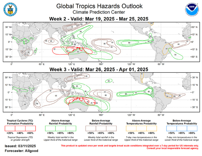 Forecasts for above- and below-average precipitation are based on an analysis of historical MJO activity for phases corresponding to the outlook, which are a Maritime Continent event during Week-2, and a West Pacific event during Week-3. The ENSO base state is also favored to contribute to suppressed rainfall near the equatorial Date Line, while the warm SSTs across the eastern Pacific favor enhanced rainfall, with high probabilities for persistent enhanced rainfall across western South America, which could generate flooding concerns. An active pattern is also favored for much of the Maritime Continent, including Australia following a break during the last week or two. Forecasts across the Western Hemisphere lean more heavily on a skill weighted consensus of dynamical model guidance, as MJO anomalies tend to be weaker in these regions. Forecasts over Africa are made in coordination with CPC’s International Desk. For hazardous weather conditions in your area during the coming two-week period, please refer to your local NWS office, the Medium Range Hazards Forecast produced by the Weather Prediction Center, and the CPC Week-2 Hazards Outlook. Forecasts for above- and below-average precipitation are based on an analysis of historical MJO activity for phases corresponding to the outlook, which are a Maritime Continent event during Week-2, and a West Pacific event during Week-3. The ENSO base state is also favored to contribute to suppressed rainfall near the equatorial Date Line, while the warm SSTs across the eastern Pacific favor enhanced rainfall, with high probabilities for persistent enhanced rainfall across western South America, which could generate flooding concerns. An active pattern is also favored for much of the Maritime Continent, including Australia following a break during the last week or two. Forecasts across the Western Hemisphere lean more heavily on a skill weighted consensus of dynamical model guidance, as MJO anomalies tend to be weaker in these regions. Forecasts over Africa are made in coordination with CPC’s International Desk. For hazardous weather conditions in your area during the coming two-week period, please refer to your local NWS office, the Medium Range Hazards Forecast produced by the Weather Prediction Center, and the CPC Week-2 Hazards Outlook.