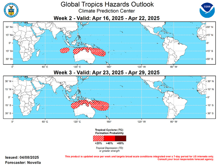 GTH Outlook Discussion Last Updated - 04/08/25 Valid - 04/16/25 - 04/29/25 After the Madden-Julian Oscillation (MJO) entered the Western Pacific last month, RMM observations continue to show the enhanced phase remaining weak while exhibiting an erratic propagation across the basin. This incoherence is likewise reflected in the upper-level velocity potential anomaly observations, which suggest that the MJO has been stymied by other modes of tropical variability, namely strong equatorial Kelvin wave activity, and a pair of low frequency responses in the equatorial eastern Pacific and Maritime Continent associated with a complex base state. This has resulted in multiple envelopes of enhanced divergence aloft over the past few weeks, inconsistent with a canonical MJO pattern.  Looking ahead, RMM forecasts generally favor a signal that quickly circumnavigates the RMM origin at a low amplitude and returns to the Western Pacific during the next week or so. Given the fast phase speed favored, the thinking is that these forecasts are latching onto the aforementioned Kelvin wave activity that eventually relaxes during week-2, which is supported in the objectively wave filtered OLR and upper-level velocity potential forecast fields from the dynamical models. Unlike the RMM perspective, these filtered fields depict an MJO envelope that stays dormant within the Eastern Hemisphere on the near term, before resuming a more canonical eastward propagation across the Western Pacific and Western Hemisphere, with much of the enhanced divergence aloft being expressed south of the equator during the next several weeks (likely due to the suppressed convective La Nina footprint north of the equator in the central Pacific). As the main MJO envelope begins to overspread the Western Hemisphere in the velocity potential forecasts, there is some model support for a better defined wave-1 pattern taking shape towards the end of April. This potential for reorganizing subseasonal activity is also evidenced in the RMM forecasts at the extended leads, where there are a growing number of ensemble members in the GEFS and CFSv2 favoring a high amplitude event by the week-3 timeframe. Therefore, the updated outlook is not ruling out a more coherent MJO unfolding later this month, but there remains a good deal of uncertainty given the ongoing multiple modes of tropical variability and their associated convective responses. There is also low confidence in the outlook for Tropical Cyclone (TC) development amidst a quiet background climatology, especially during late April.  No TCs formed during the past week. Within a band of anomalous lower-level westerlies that is favored to develop south of the equator from approximately 95E to 160E during week-1, probabilistic TC genesis tools continue to feature increased chances of formation to the north of Australia. While TC development appears most likely in the Timor Sea during week-1 based on these tools, the persistence of lower-level westerlies would support additional development to the north of Australia and into the South Pacific where 20% chances are highlighted for week-2. A secondary 20% area for TC development is also posted for week-2, centered near 95E in the southern Indian Ocean given increased support in the guidance for a deepening low late in week-1. For week-3, late April marks the climatologically quietest time of the year for TC activity throughout the global tropics, with genesis becoming more limited over the southern Indian Ocean, southern and western Pacific. While this would favor no TC areas being posted, 20% chances are again issued to the north of Australia and into the South Pacific based on continued elevated signals in the probabilistic TC genesis tools over the basin. 20% chances were also considered for the northwestern Pacific, however, guidance suggests the mean shearing environment not being as favorable north of the equator towards the end of April, with better support for genesis in the basin after the start of May. GTH Outlook Discussion Last Updated - 04/08/25 Valid - 04/16/25 - 04/29/25 After the Madden-Julian Oscillation (MJO) entered the Western Pacific last month, RMM observations continue to show the enhanced phase remaining weak while exhibiting an erratic propagation across the basin. This incoherence is likewise reflected in the upper-level velocity potential anomaly observations, which suggest that the MJO has been stymied by other modes of tropical variability, namely strong equatorial Kelvin wave activity, and a pair of low frequency responses in the equatorial eastern Pacific and Maritime Continent associated with a complex base state. This has resulted in multiple envelopes of enhanced divergence aloft over the past few weeks, inconsistent with a canonical MJO pattern.  Looking ahead, RMM forecasts generally favor a signal that quickly circumnavigates the RMM origin at a low amplitude and returns to the Western Pacific during the next week or so. Given the fast phase speed favored, the thinking is that these forecasts are latching onto the aforementioned Kelvin wave activity that eventually relaxes during week-2, which is supported in the objectively wave filtered OLR and upper-level velocity potential forecast fields from the dynamical models. Unlike the RMM perspective, these filtered fields depict an MJO envelope that stays dormant within the Eastern Hemisphere on the near term, before resuming a more canonical eastward propagation across the Western Pacific and Western Hemisphere, with much of the enhanced divergence aloft being expressed south of the equator during the next several weeks (likely due to the suppressed convective La Nina footprint north of the equator in the central Pacific). As the main MJO envelope begins to overspread the Western Hemisphere in the velocity potential forecasts, there is some model support for a better defined wave-1 pattern taking shape towards the end of April. This potential for reorganizing subseasonal activity is also evidenced in the RMM forecasts at the extended leads, where there are a growing number of ensemble members in the GEFS and CFSv2 favoring a high amplitude event by the week-3 timeframe. Therefore, the updated outlook is not ruling out a more coherent MJO unfolding later this month, but there remains a good deal of uncertainty given the ongoing multiple modes of tropical variability and their associated convective responses. There is also low confidence in the outlook for Tropical Cyclone (TC) development amidst a quiet background climatology, especially during late April.  No TCs formed during the past week. Within a band of anomalous lower-level westerlies that is favored to develop south of the equator from approximately 95E to 160E during week-1, probabilistic TC genesis tools continue to feature increased chances of formation to the north of Australia. While TC development appears most likely in the Timor Sea during week-1 based on these tools, the persistence of lower-level westerlies would support additional development to the north of Australia and into the South Pacific where 20% chances are highlighted for week-2. A secondary 20% area for TC development is also posted for week-2, centered near 95E in the southern Indian Ocean given increased support in the guidance for a deepening low late in week-1. For week-3, late April marks the climatologically quietest time of the year for TC activity throughout the global tropics, with genesis becoming more limited over the southern Indian Ocean, southern and western Pacific. While this would favor no TC areas being posted, 20% chances are again issued to the north of Australia and into the South Pacific based on continued elevated signals in the probabilistic TC genesis tools over the basin. 20% chances were also considered for the northwestern Pacific, however, guidance suggests the mean shearing environment not being as favorable north of the equator towards the end of April, with better support for genesis in the basin after the start of May.