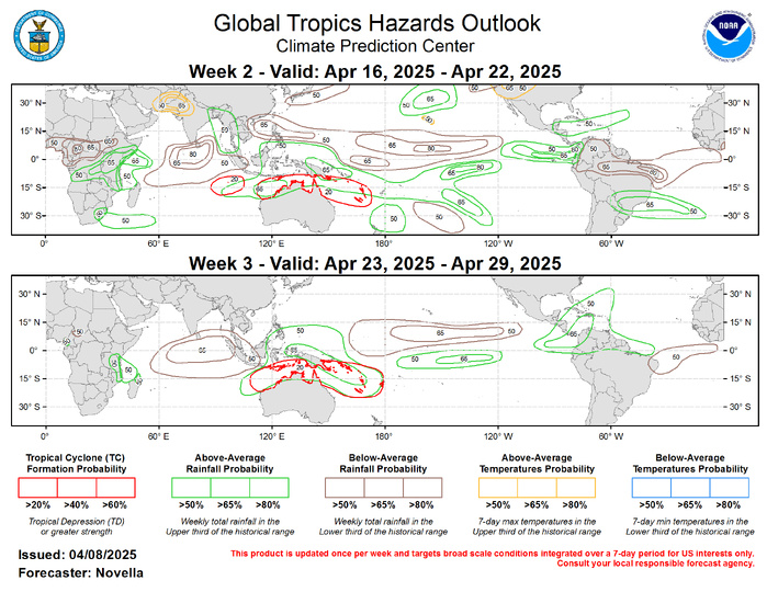 Forecasts for enhanced and suppressed precipitation are mainly based on a consolidated skill weighted blend of GEFS, CFSv2, and ECMWF ensemble systems, anticipated TC tracks, with less reliance on seasonal MJO and ENSO composites for Mar-May due to uncertainty with evolving subseasonal activity, and the unusual base state, respectively. Above-normal temperatures are favored over parts of Afghanistan, Pakistan and northwestern India, with daytime maximum temperatures possibly exceeding 100 deg F during week-2. While cooler, above-normal temperatures are also favored for Hawaii and parts of the Great Basin of the contiguous United States (CONUS). Forecasts for Africa are made in coordination with the CPC International Desk. For hazardous weather concerns in your area for the next two weeks, please refer to your local NWS office, the Medium Range Hazards Outlook issued by the Weather Prediction Center, and the CPC Week-2 Hazards Outlook. Forecasts for enhanced and suppressed precipitation are mainly based on a consolidated skill weighted blend of GEFS, CFSv2, and ECMWF ensemble systems, anticipated TC tracks, with less reliance on seasonal MJO and ENSO composites for Mar-May due to uncertainty with evolving subseasonal activity, and the unusual base state, respectively. Above-normal temperatures are favored over parts of Afghanistan, Pakistan and northwestern India, with daytime maximum temperatures possibly exceeding 100 deg F during week-2. While cooler, above-normal temperatures are also favored for Hawaii and parts of the Great Basin of the contiguous United States (CONUS). Forecasts for Africa are made in coordination with the CPC International Desk. For hazardous weather concerns in your area for the next two weeks, please refer to your local NWS office, the Medium Range Hazards Outlook issued by the Weather Prediction Center, and the CPC Week-2 Hazards Outlook.