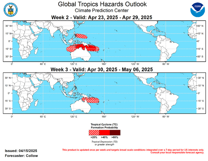 GTH Outlook Discussion Last Updated - 04/15/25 Valid - 04/23/25 - 05/06/25 The Madden Julian Oscillation (MJO) has been inactive since late March with the RMM-based index meandering within the unit circle for the past couple weeks, and a convectively coupled Kevin Wave (CCKW) likely to spread enhanced convection across the eastern Pacific by next week. ENSO-neutral conditions have returned to the tropical Pacific further limiting the tropical forcing. The ECENS and GEFS ensembles indicate a re-emergence of the MJO across the Western Pacific by week-2, but this is more likely tied to an enhanced low frequency convective state developing over the region, with limited eastward propagation. Suppressed convective activity is forecast upstream over the Indian Ocean.  Despite the lack of MJO, and a decreasing climatology for tropical cyclogenesis, tropical cyclone (TC) formation was observed in the southern Indian Ocean and South Pacific during the past week. Tropical Cyclone Errol developed on April 11 over the Timor Sea (11 deg S, 128 deg E) and has been moving southwestward offshore the Kimberley Coast of Australia. Tropical Cyclone Tam formed on April 14 near Vanuatu (15 deg S, 168 deg E) and is tracking southward. Additional TC formations are possible in week-1, with Invests 97P and 99S located over the Gulf of Carpentaria and southern Indian Ocean respectively. By week-2, the increasing MJO signal across phases 6 and 7, along with reduced wind shear, support continued enhanced chances for additional TC development, with a 40-60 percent chance highlighted from the Timor Sea eastward through the Coral Sea. A broader 20-40 percent area stretches from off the northwest Australia coast to Vanuatu. By week-3, climatology wanes significantly, and the MJO may shift more into phases 7 and 8. This would favor reduced confidence for TC formation further west, but continued enhanced TC activity is not ruled out across the Gulf of Carpentaria and Coral Sea where 20-40 percent chances are posted.  Across the western north Pacific, individual GEFS and ECENS ensemble members depict surface low pressure tracking to the east of the Philippines tied to the enhanced convective envelope developing over the region. There is some uncertainty regarding the tropical nature of this system versus frontal influence. However, given the favorable convective environment aloft and support from MJO composites, a 20-40 percent chance for TC formation is highlighted over the area. Similar dynamics may continue into week-3 given the nearly stationary convective envelope. However, the uncertainty combined with the longer lead precludes continuing the 20-40 percent risk area, and this time frame will be reassessed next week. GTH Outlook Discussion Last Updated - 04/15/25 Valid - 04/23/25 - 05/06/25 The Madden Julian Oscillation (MJO) has been inactive since late March with the RMM-based index meandering within the unit circle for the past couple weeks, and a convectively coupled Kevin Wave (CCKW) likely to spread enhanced convection across the eastern Pacific by next week. ENSO-neutral conditions have returned to the tropical Pacific further limiting the tropical forcing. The ECENS and GEFS ensembles indicate a re-emergence of the MJO across the Western Pacific by week-2, but this is more likely tied to an enhanced low frequency convective state developing over the region, with limited eastward propagation. Suppressed convective activity is forecast upstream over the Indian Ocean.  Despite the lack of MJO, and a decreasing climatology for tropical cyclogenesis, tropical cyclone (TC) formation was observed in the southern Indian Ocean and South Pacific during the past week. Tropical Cyclone Errol developed on April 11 over the Timor Sea (11 deg S, 128 deg E) and has been moving southwestward offshore the Kimberley Coast of Australia. Tropical Cyclone Tam formed on April 14 near Vanuatu (15 deg S, 168 deg E) and is tracking southward. Additional TC formations are possible in week-1, with Invests 97P and 99S located over the Gulf of Carpentaria and southern Indian Ocean respectively. By week-2, the increasing MJO signal across phases 6 and 7, along with reduced wind shear, support continued enhanced chances for additional TC development, with a 40-60 percent chance highlighted from the Timor Sea eastward through the Coral Sea. A broader 20-40 percent area stretches from off the northwest Australia coast to Vanuatu. By week-3, climatology wanes significantly, and the MJO may shift more into phases 7 and 8. This would favor reduced confidence for TC formation further west, but continued enhanced TC activity is not ruled out across the Gulf of Carpentaria and Coral Sea where 20-40 percent chances are posted.  Across the western north Pacific, individual GEFS and ECENS ensemble members depict surface low pressure tracking to the east of the Philippines tied to the enhanced convective envelope developing over the region. There is some uncertainty regarding the tropical nature of this system versus frontal influence. However, given the favorable convective environment aloft and support from MJO composites, a 20-40 percent chance for TC formation is highlighted over the area. Similar dynamics may continue into week-3 given the nearly stationary convective envelope. However, the uncertainty combined with the longer lead precludes continuing the 20-40 percent risk area, and this time frame will be reassessed next week.