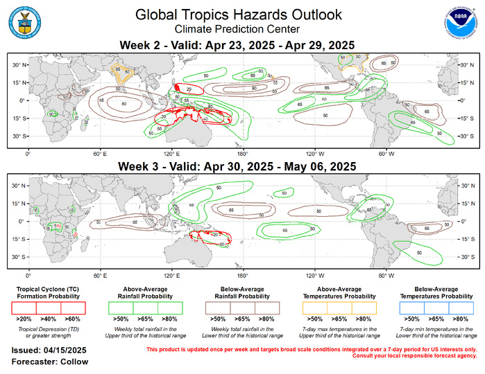 Forecasts for enhanced and suppressed precipitation are mainly based on a consolidated skill weighted blend of GEFS, CFSv2, and ECMWF ensemble systems, anticipated TC tracks, with some consideration of historical MJO composites for Mar-May for phases 6-8. Less emphasis is given to ENSO given the return to neutral conditions. Above-normal rainfall is forecast across the Western Pacific and Maritime Continent, with below-normal rainfall upstream over the Indian Ocean. Surface low pressure across the central Pacific may bring some enhanced rainfall in the vicinity of Hawaii. Above-normal temperatures are favored over parts of India, with daytime maximum temperatures possibly exceeding 100 deg F during week-2. Above-normal temperatures are also predicted across the south-central and southeastern U.S. Forecasts for enhanced and suppressed precipitation are mainly based on a consolidated skill weighted blend of GEFS, CFSv2, and ECMWF ensemble systems, anticipated TC tracks, with some consideration of historical MJO composites for Mar-May for phases 6-8. Less emphasis is given to ENSO given the return to neutral conditions. Above-normal rainfall is forecast across the Western Pacific and Maritime Continent, with below-normal rainfall upstream over the Indian Ocean. Surface low pressure across the central Pacific may bring some enhanced rainfall in the vicinity of Hawaii. Above-normal temperatures are favored over parts of India, with daytime maximum temperatures possibly exceeding 100 deg F during week-2. Above-normal temperatures are also predicted across the south-central and southeastern U.S.