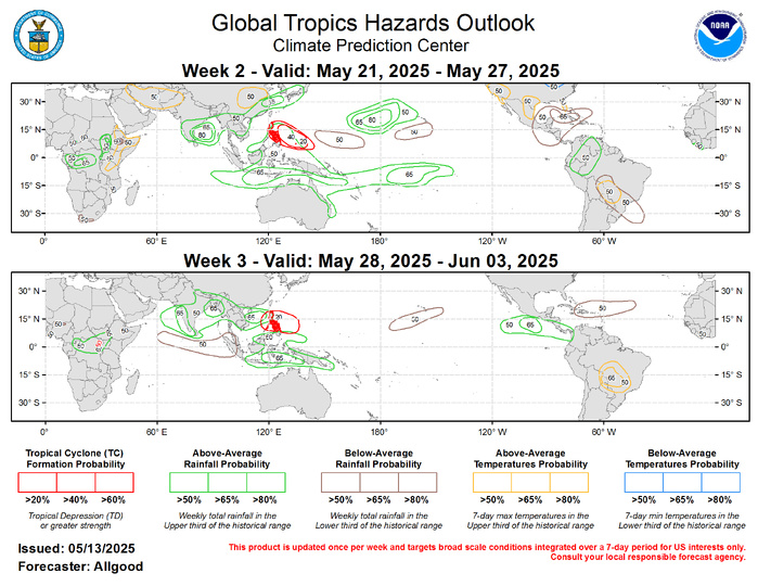 Given the weak seasonal and subseasonal tropical signals, the forecast for above- and below-normal precipitation leans heavily on a skill weighted consensus of operational dynamical model guidance. The strongest remaining low-frequency signal favors persistent enhanced convection across the Maritime Continent, due in part to above-normal ocean temperatures in the vicinity. Dynamical model forecasts generally support a robust onset of the South and Southeast Asia monsoon, with enhanced chances for above-normal precipitation extending during both Week-2 and Week-3 across much of India, the Bay of Bengal, and Southeast Asia. Across the Pacific, enhanced precipitation is favored just northwest of Hawaii, while a drier signal is favored to persist to the south, possibly extending as far north as the Big Island. Suppressed convection is favored during Week-2 across Central America, southern Mexico, and portions of the Caribbean and Gulf of America, with a potential switch towards a wetter signal across the East Pacific basin in Week-3. Temperature outlooks are based on the dynamical model consensus tool, as well as official forecasts for the contiguous United States during Week-2. Notably, enhanced chances for hazardous heat extend across portions of central South America despite the time of year, with maximum temperatures exceeding 35 degrees C on multiple days during the outlook period. For hazardous weather concerns in your area during the next two weeks, please refer to your local NWS office, the Medium Range Hazards Forecasts produced by the Weather Prediction Center, and the CPC Week-2 Hazards Outlook. Forecasts issued over Africa are made in coordination with the International Desk at CPC. Given the weak seasonal and subseasonal tropical signals, the forecast for above- and below-normal precipitation leans heavily on a skill weighted consensus of operational dynamical model guidance. The strongest remaining low-frequency signal favors persistent enhanced convection across the Maritime Continent, due in part to above-normal ocean temperatures in the vicinity. Dynamical model forecasts generally support a robust onset of the South and Southeast Asia monsoon, with enhanced chances for above-normal precipitation extending during both Week-2 and Week-3 across much of India, the Bay of Bengal, and Southeast Asia. Across the Pacific, enhanced precipitation is favored just northwest of Hawaii, while a drier signal is favored to persist to the south, possibly extending as far north as the Big Island. Suppressed convection is favored during Week-2 across Central America, southern Mexico, and portions of the Caribbean and Gulf of America, with a potential switch towards a wetter signal across the East Pacific basin in Week-3. Temperature outlooks are based on the dynamical model consensus tool, as well as official forecasts for the contiguous United States during Week-2. Notably, enhanced chances for hazardous heat extend across portions of central South America despite the time of year, with maximum temperatures exceeding 35 degrees C on multiple days during the outlook period. For hazardous weather concerns in your area during the next two weeks, please refer to your local NWS office, the Medium Range Hazards Forecasts produced by the Weather Prediction Center, and the CPC Week-2 Hazards Outlook. Forecasts issued over Africa are made in coordination with the International Desk at CPC.