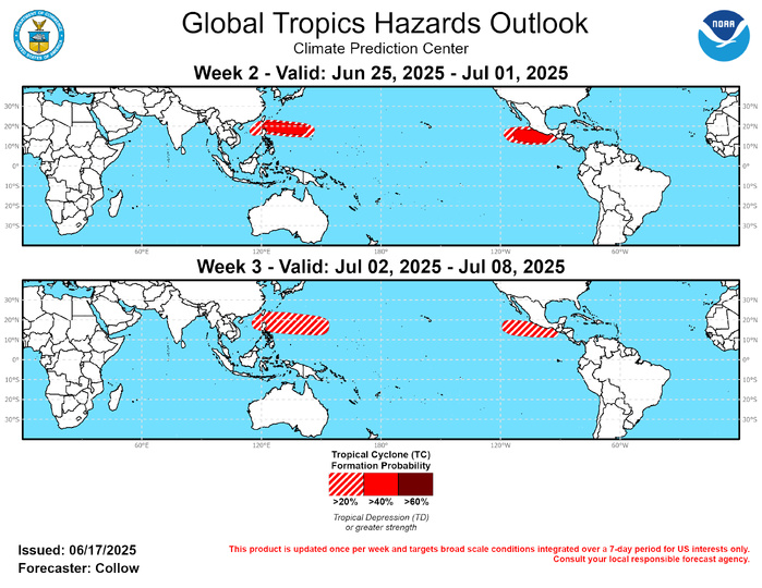 GTH Outlook Discussion Last Updated - 06/17/25 Valid - 06/25/25 - 07/08/25 During the past week, the RMM-based MJO index rapidly weakened back into the unit circle following a more amplified signal across the Western Pacific in early June. However, despite the weakening, some coherency remained in its propagation across the Western Hemisphere, and the phase speed has been suggestive of a Convectively Coupled Kelvin Wave (CCKW). Following constructive interference with a westward propagating Equatorial Rossby Wave (ERW) across the Americas, the CCKW weakened as it reached Africa and Eurasia due to destructive interference with the persistent suppressed convective envelope over that region. By week-2, a similar pattern is forecast to take shape as dynamical models indicate increased upper-level divergence developing over the Western Pacific. RMM-based forecasts from the ECMWF and GEFS depict a bimodal distribution of ensemble members, with a clustering of some members within the eastern Indian Ocean and Maritime Continent, and others depicting a stronger signal quickly emerging across the Western Hemisphere indicative of CCKW activity moving across the Pacific. The interaction between the CCKW and ERW led to increased upper-level divergence aloft across the Americas in the past week. While increased wind shear limited tropical cyclone development across the Atlantic Basin, the favorable upper-level pattern resulted in a continuation of the quick start to the Eastern North Pacific Hurricane Season with 2 additional TC formations during the past week. Tropical Storms Dalila (6/13) and Erick (6/17) both formed to the south of Mexico. While Dalila was short-lived and remained offshore, Erick is forecast to impact the southern Mexico coast at hurricane intensity later this week. Additional CCKW activity during week-2 is likely to continue the fast start to the season, and individual ensemble members from the GEFS and ECMWF depict surface lows spinning up to the south of Mexico and Central America during this timeframe. Therefore, 40-60 percent chances of TC development are posted across the Eastern Pacific during week-2, and 20-40 percent chances continuing into week-3. The GEFS also depicts an enhanced signal for TC activity across the western Caribbean and Gulf of America, but has overdone the potential thus far, precluding any areas for potential TC development from being designated. Contrary to the Eastern Pacific, the Western North Pacific has seen an extremely slow start to its TC season, although there are some signs activity is beginning to increase. TC Wutip developed across the South China Sea and tracked into the Gulf of Tonkin making 2 landfalls in southeastern China, the second at minimal typhoon intensity. Enhanced convection is forecast to develop across the Western North Pacific by week-2, and combined with the increasing climatology for the basin, this supports a 40-60 percent chance of TC formation from the Philippines to about 140 deg E, with a 20-40 percent chance over the South China Sea. The GEFS and ECMWF indicate a meandering convective envelope by week-3, with a low frequency enhanced convective envelope possibly persisting across the Western Pacific into early July. This justifies a 20-40 percent chance of TC development during week-3, although there is larger uncertainty regarding higher frequency modes of variability which may further enhance or suppress TC development. GTH Outlook Discussion Last Updated - 06/17/25 Valid - 06/25/25 - 07/08/25 During the past week, the RMM-based MJO index rapidly weakened back into the unit circle following a more amplified signal across the Western Pacific in early June. However, despite the weakening, some coherency remained in its propagation across the Western Hemisphere, and the phase speed has been suggestive of a Convectively Coupled Kelvin Wave (CCKW). Following constructive interference with a westward propagating Equatorial Rossby Wave (ERW) across the Americas, the CCKW weakened as it reached Africa and Eurasia due to destructive interference with the persistent suppressed convective envelope over that region. By week-2, a similar pattern is forecast to take shape as dynamical models indicate increased upper-level divergence developing over the Western Pacific. RMM-based forecasts from the ECMWF and GEFS depict a bimodal distribution of ensemble members, with a clustering of some members within the eastern Indian Ocean and Maritime Continent, and others depicting a stronger signal quickly emerging across the Western Hemisphere indicative of CCKW activity moving across the Pacific. The interaction between the CCKW and ERW led to increased upper-level divergence aloft across the Americas in the past week. While increased wind shear limited tropical cyclone development across the Atlantic Basin, the favorable upper-level pattern resulted in a continuation of the quick start to the Eastern North Pacific Hurricane Season with 2 additional TC formations during the past week. Tropical Storms Dalila (6/13) and Erick (6/17) both formed to the south of Mexico. While Dalila was short-lived and remained offshore, Erick is forecast to impact the southern Mexico coast at hurricane intensity later this week. Additional CCKW activity during week-2 is likely to continue the fast start to the season, and individual ensemble members from the GEFS and ECMWF depict surface lows spinning up to the south of Mexico and Central America during this timeframe. Therefore, 40-60 percent chances of TC development are posted across the Eastern Pacific during week-2, and 20-40 percent chances continuing into week-3. The GEFS also depicts an enhanced signal for TC activity across the western Caribbean and Gulf of America, but has overdone the potential thus far, precluding any areas for potential TC development from being designated. Contrary to the Eastern Pacific, the Western North Pacific has seen an extremely slow start to its TC season, although there are some signs activity is beginning to increase. TC Wutip developed across the South China Sea and tracked into the Gulf of Tonkin making 2 landfalls in southeastern China, the second at minimal typhoon intensity. Enhanced convection is forecast to develop across the Western North Pacific by week-2, and combined with the increasing climatology for the basin, this supports a 40-60 percent chance of TC formation from the Philippines to about 140 deg E, with a 20-40 percent chance over the South China Sea. The GEFS and ECMWF indicate a meandering convective envelope by week-3, with a low frequency enhanced convective envelope possibly persisting across the Western Pacific into early July. This justifies a 20-40 percent chance of TC development during week-3, although there is larger uncertainty regarding higher frequency modes of variability which may further enhance or suppress TC development.