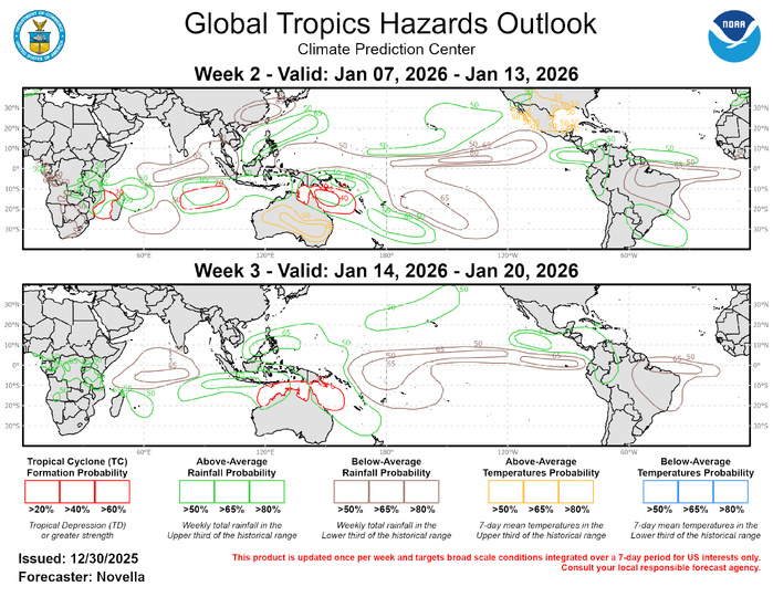 The precipitation outlook for weeks 2 and 3 is based on background La Nina conditions, anticipated TC tracks, and a consolidated skill weighted blend of CFSv2, GEFS, and ECMWF ensemble guidance. For temperatures, above-normal but non hazardous temperatures are favored for much of the western and central CONUS. Above-normal temperatures with possible extreme heat conditions are also favored for portions of interior Australia where tools show increased chances for daytime temperatures exceeding 105 degrees F. For hazardous weather conditions in your area during the next two weeks, please refer to your local NWS office, the Medium Range Hazards Forecast from the Weather Prediction Center (WPC), and the CPC Week-2 Hazards Outlook. Forecasts issued over Africa are made in coordination with the International Desk at CPC.