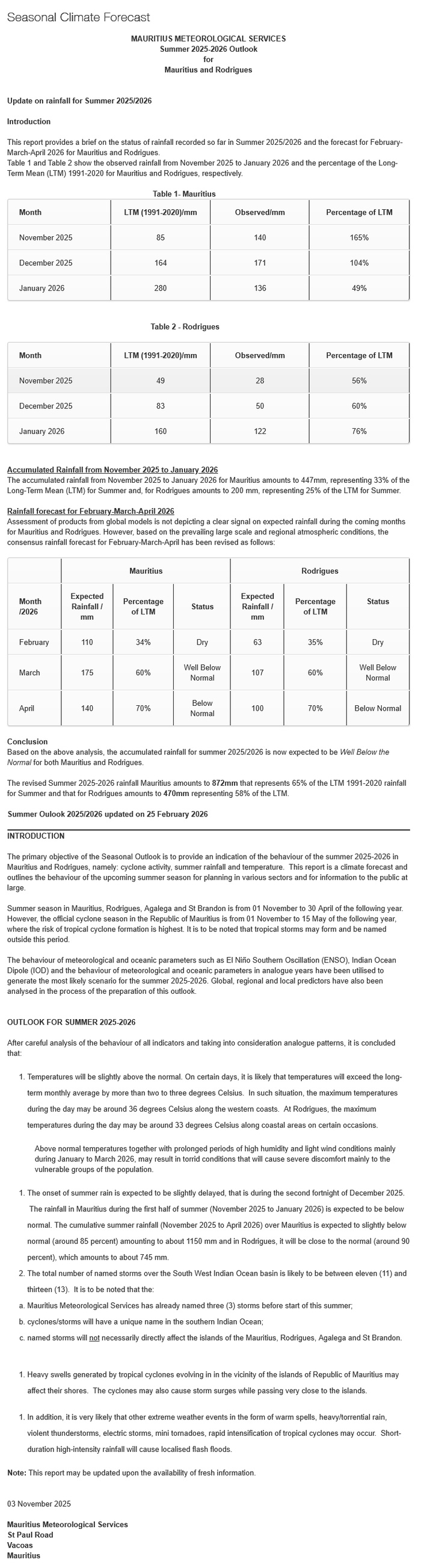Pluviométrie pour la saison estivale 2025/26 à MAURICE et à RODRIGUES, update le 27/02/26 Pluviométrie pour la saison estivale 2025/26 à MAURICE et à RODRIGUES, update le 27/02/26