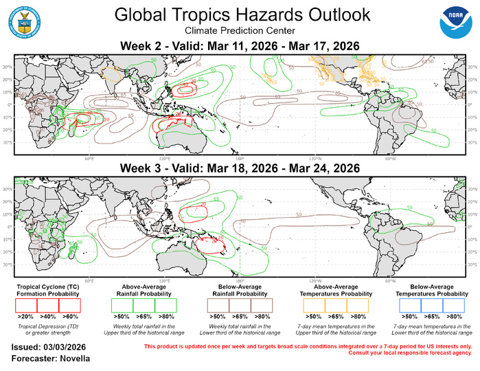 The precipitation outlook for weeks 2 and 3 is based on anticipated TC tracks, MJO composites, and a historical skill weighted blend of CFSv2, GEFS, and ECMWF ensemble guidance, with some reliance on residual background La Nina conditions. For temperatures above-normal but non-hazardous, temperatures are favored for much of the western and eastern CONUS. Above-normal temperatures are also posted for portions of India, where daytime temperatures may exceed 100 deg F (locally as much as 105 deg F) during week-2. For hazardous weather in your area in the coming weeks, please refer to your local NWS office, the Medium Range Hazards Forecast from the Weather Prediction Center (WPC), and the CPC Week-2 Hazards Outlook. Forecasts issued over Africa are made in coordination with the International Desk at CPC.