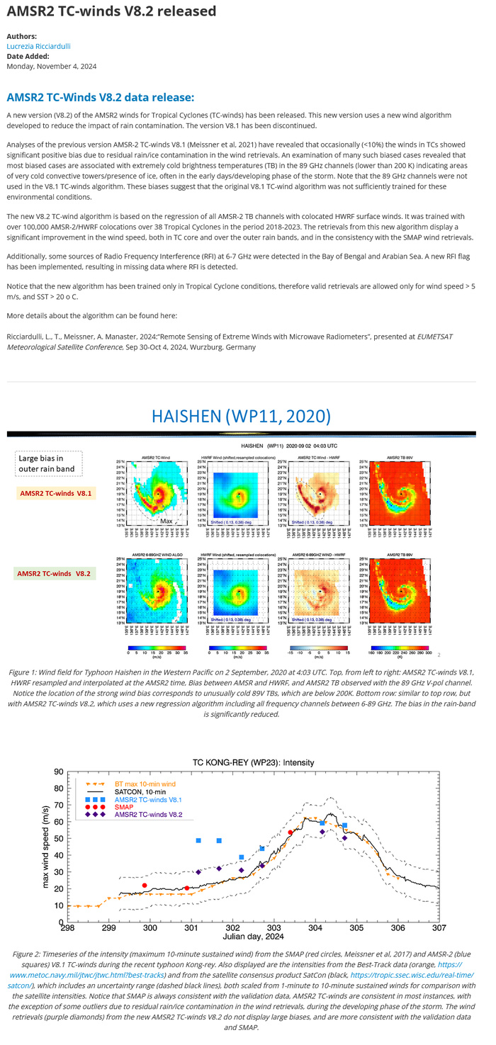 A new version (V8.2) of the AMSR2 winds for Tropical Cyclones (TC-winds) has been released 