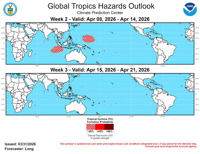 GTH Outlook Discussion Last Updated - 03/31/26 Valid - 04/08/26 - 04/21/26 ﻿Over the past two weeks, the RMM-based Madden-Julian Oscillation (MJO) signal stalled over the Western Hemisphere until recently resuming its propagation eastward and moving into Phase 1 over Africa. This stall in RMM-space can be explained by the 200-mb velocity potential and Outgoing Longwave Radiation (OLR) anomalies which show a breakdown of the wave-1 pattern into a persistent wave-2 pattern which fails to project clearly onto the RMM index. The envelope of enhanced divergence has split into two, with one pocket remaining over the central Pacific and one continuing to propagate eastward, now located over eastern Africa.  Model forecasts over the next few weeks are in fairly good agreement, predicting the two pockets of enhanced divergence merging back into a wave-1 pattern as the signal over Africa continues to move eastward and meets back up with the central Pacific pocket around Week-2. The signal over the central Pacific is also strengthened by both a Kelvin wave and a westward propagating equatorial Rossby wave constructively interfering with the MJO signal during Week-2. The Kelvin wave looks to continue propagating the signal eastward in Week-3. This evolution is less clear in RMM-space, where the models have differing forecasts during Week-1, but as the wave-1 pattern re-emerges, as does the consistency between the models. The RMM-based MJO signal strengthens over the Western Pacific in Week-2 (Phase 6) and moves eastward into the Western Hemisphere in Week-3 (Phases 7 and 8).  Over the past week, no new Tropical Cyclone (TC) formations occurred. However, TC Narelle continued its counter-clockwise trek around Australia. After forming on 17 March in the Coral Sea and making multiple landfalls in Northern Australia as it moved west, TC Narelle reemerged off the Kimberly coast and finally turned south as it re-intensified, making a final landfall near Learmonth on 27 March. During this coming week, the Joint Typhoon Warning Center (JTWC) is watching one area for possible TC development over the central Indian Ocean. Two other areas of possible formation include the South Pacific, from Papua New Guinea to east of the Solomon Islands, and the Western Pacific, west of the Marshall Islands. For further updates on these possible systems, please refer to the JTWC at: https://www.metoc.navy.mil/jtwc/jtwc.html .  The area in the Western Pacific mentioned above, west of the Marshall Islands, has a chance for TC formation either at the end of Week-1 or at the start of Week-2. It is still hard to decipher the exact timing and therefore a 20-40% chance of development is posted for the region in Week-2. Higher probabilities would be forecasted if the timing was more certain. The strong westerly wind burst occurring in the area along with TC genesis composites for an MJO in phase 6 both support formation in the region. Models are also showing increased support for possible cyclogenesis in the eastern Indian Ocean during Week-2. The anomalous westerlies in the area have been growing stronger over the past few days in the models, and Rossby Wave activity in the area may help kick off formation, resulting in a 20-40% chance of development. By Week-3, the Southern Hemisphere quiets down significantly as we enter mid-April, the tail-end of the season for the hemisphere. In the Western Pacific, conditions may continue to support cyclogenesis with continued westerlies in the region, but model support is low and no corresponding genesis area is issued at this time.