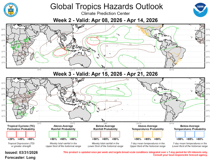 The precipitation outlook for Weeks 2 and 3 is based on the skill weighted consolidated blend of CFSv2, GEFS, and ECMWF ensemble forecast systems and historical composites during Mar-May for MJO phases 6-8. Below-average rainfall is expected over the central Indian Ocean into the western Pacific Ocean during Week-2. By Week-3, this signal shifts slightly eastward and is more confined to the Maritime Continent. Above-normal rainfall is expected in the central Pacific, including Hawaii, and over northern South America. Increased chances for above-normal, but non-hazardous, temperatures continue over much of the United States in Week-2. For hazardous weather conditions in your area during the next two weeks, please refer to your local NWS office, the Medium Range Hazards Forecast from the Weather Prediction Center (WPC), and the CPC Week-2 Hazards Outlook. Forecasts issued over Africa are made in coordination with the International Desk at CPC.