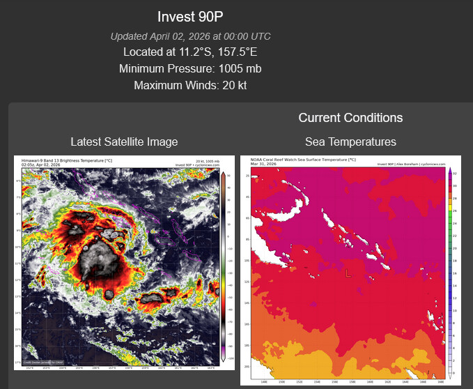 AN AREA OF CONVECTION (INVEST 90P) HAS PERSISTED NEAR 11.2S  158.1E, APPROXIMATELY 150 NM SOUTHWEST OF HONIARA, SOLOMON ISLANDS.  ANIMATED ENHANCED MULTISPECTRAL SATELLITE IMAGERY DEPICTS A DISORGANIZED  LOW-LEVEL CIRCULATION CENTER BEGINNING TO BECOME EMBEDDED WITHIN FLARING  CONVECTION. ENVIRONMENT ANALYSIS FOR THIS AREA APPEARS TO BE MODERATELY  FAVORABLE FOR DEVELOPMENT WITH LOW (10-15 KTS) VERTICAL WIND SHEAR, WARM  (29-30 C) SEA SURFACE TEMPERATURES, OFFSET BY WEAK OUTFLOW WITHIN THE  UPPER LEVELS. GLOBAL ENSEMBLE AND DETERMINISTIC MODELS ARE IN AGREEMENT  ON A STEADY DEVELOPMENT AS 90P CONTINUES TO SLOWLY TRANSIT WESTWARD AND  DEVELOP WITHIN THIS POCKET OF LOW VERTICAL WIND SHEAR AND WARM SEA  SURFACE TEMPERATURES, AND IS EXPECTED TO REMAIN QUASI-STATIONARY AS IT  INTENSIFIES. MAXIMUM SUSTAINED SURFACE WINDS ARE ESTIMATED AT 18 TO 23  KNOTS. MINIMUM SEA LEVEL PRESSURE IS ESTIMATED TO BE NEAR 1005 MB. THE  POTENTIAL FOR THE DEVELOPMENT OF A SIGNIFICANT TROPICAL CYCLONE WITHIN  THE NEXT 24 HOURS IS LOW.