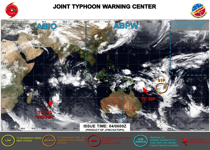 TC 29S (INDUSA) peaks at CAT 2 US//TC 30P very slow moving and intensifying/INVEST 91P medium TC 29S (INDUSA) peaks at CAT 2 US//TC 30P very slow moving and intensifying/INVEST 91P medium
