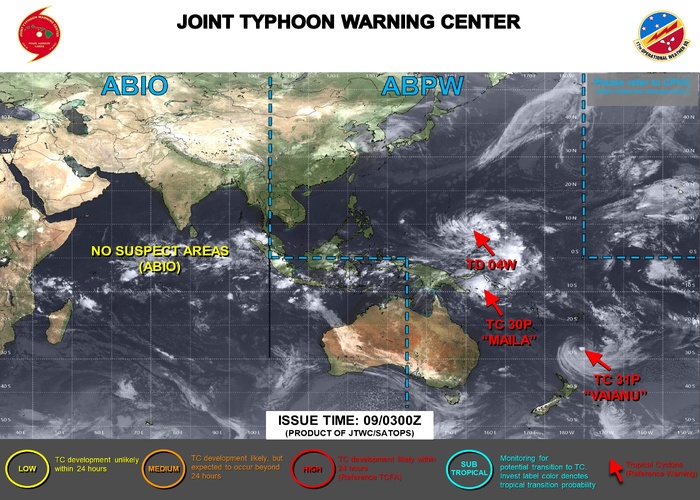 WESTERN PACIFIC: TD 04W intensifying and gradually approaching GUAM// SOUTH PACIFC: TC 30P(MAILA) powerful but very slow moving/31P(VAIANU) now subptropical//090300 UTC WESTERN PACIFIC: TD 04W intensifying and gradually approaching GUAM// SOUTH PACIFC: TC 30P(MAILA) powerful but very slow moving/31P(VAIANU) now subptropical//090300 UTC