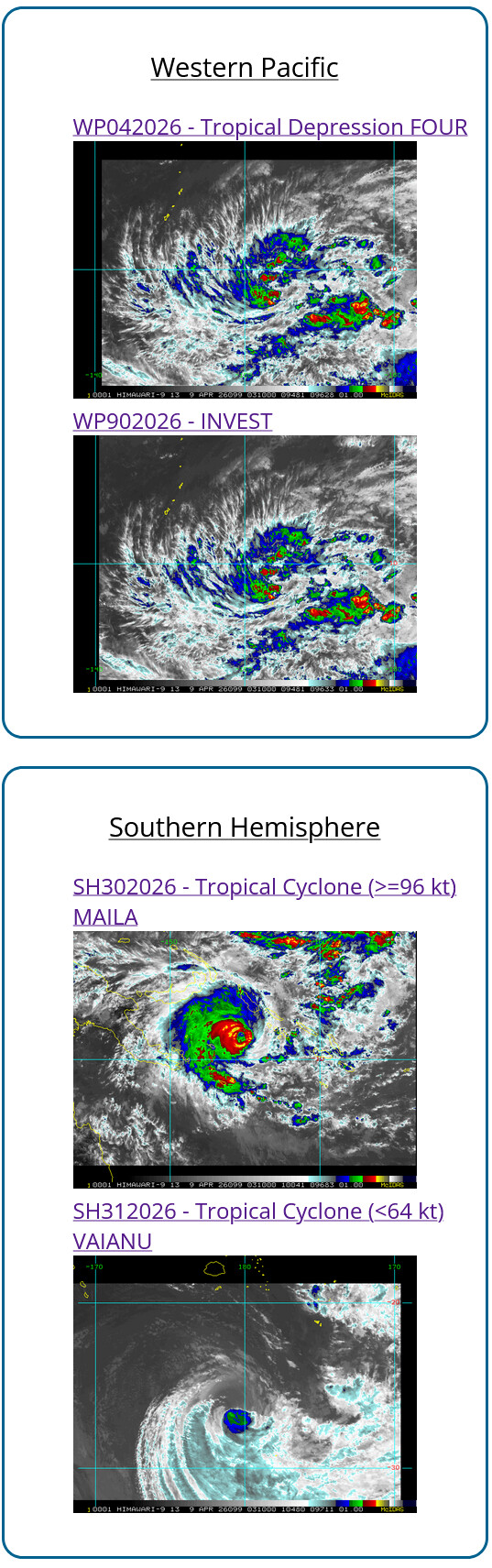 WESTERN PACIFIC: TD 04W intensifying and gradually approaching GUAM// SOUTH PACIFC: TC 30P(MAILA) powerful but very slow moving/31P(VAIANU) now subptropical//090300 UTC