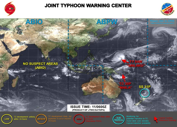 WESTERN PACIFIC: by 48h TY 04W(SINLAKU) is forecast be near Super Typhoon intensity and track dangersouly close to GUAM /SOUTH PACIFIC: TD 30P(MAILA) spectacular weakening last 24h/31P(VAIANU) subptropical storm close to NZ//110900 UTC
