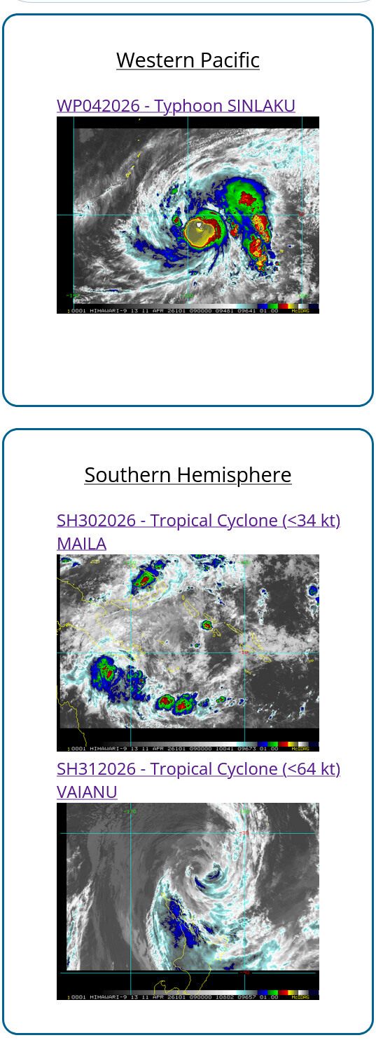 WESTERN PACIFIC: by 48h TY 04W(SINLAKU) is forecast be near Super Typhoon intensity and track dangersouly close to GUAM /SOUTH PACIFIC: TD 30P(MAILA) spectacular weakening last 24h/31P(VAIANU) subptropical storm close to NZ//110900 UTC