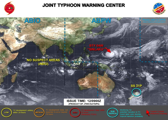 WESTERN PACIFIC: Super Typhoon 04W(SINLAKU) to reach CAT 5 US within 12/18 hours, forecast to track dangerously close to the MARIANA islands by 36/48h/SOUTH PACIFIC: Remnants of TD 30P(MAILA/Subtropical 31P(VAIANU) tracked over NZ//120900 UTC