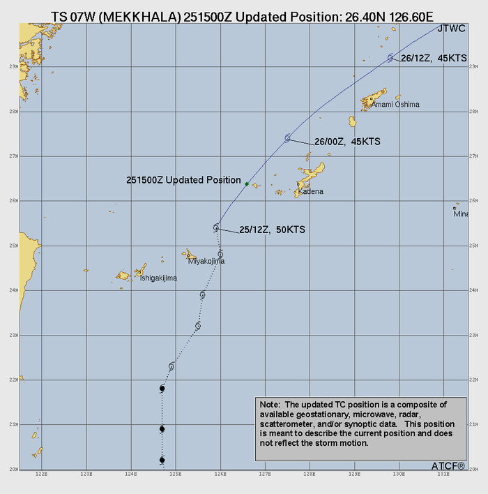 WESTERN PACIFIC:TS 07W(MEKKHALA) CPA to OKINAWA imminent with ETT completed by 48h/ TS 08W(HIGOS) beginning ETT within 24h/Invest 95W//25@1800 UTC 