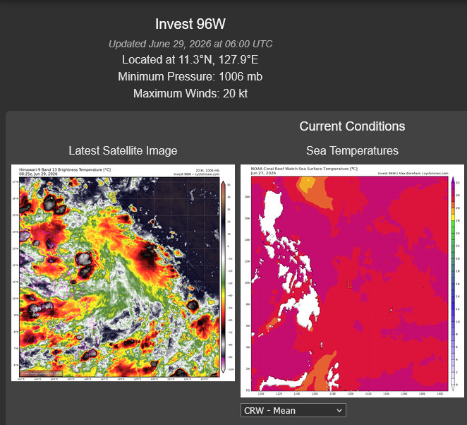 AN AREA OF CONVECTION (INVEST 96W) HAS PERSISTED NEAR 9.9N  129.9E, APPROXIMATELY 591NM OF EAST-SOUTHEAST OF MANILA. ANIMATED  MULTISPECTRAL SATELLITE IMAGERY (MSI) SHOWS AN ELONGATED LOW-LEVEL  CIRCULATION WITH DISORGANIZED CONVECTION THROUGHOUT THE NORTHERN  PERIPHERY. ENVIRONMENTAL ANALYSIS REVEALS FAVORABLE CONDITIONS FOR  DEVELOPMENT WITH MODERATE VERTICAL WIND SHEAR (15-20 KNOTS), EQUATORWARD  OUTFLOW ALOFT AND WARM (29-30C) SEA SURFACE TEMPERATURES. GLOBAL MODELS  SHOW INVEST 96W TRANSITING NORTHWESTWARD OVER THE PHILIPPINES OVER THE  NEXT 48-72 HOURS WITH POTENTIAL DEVELOPMENT WITHIN THE SOUTH CHINA SEA.  MAXIMUM SUSTAINED SURFACE WINDS ARE ESTIMATED AT 13 TO 18 KNOTS. MINIMUM  SEA LEVEL PRESSURE IS ESTIMATED TO BE NEAR 1006 MB. THE POTENTIAL FOR  THE DEVELOPMENT OF A SIGNIFICANT TROPICAL CYCLONE WITHIN THE NEXT 24  HOURS IS LOW.