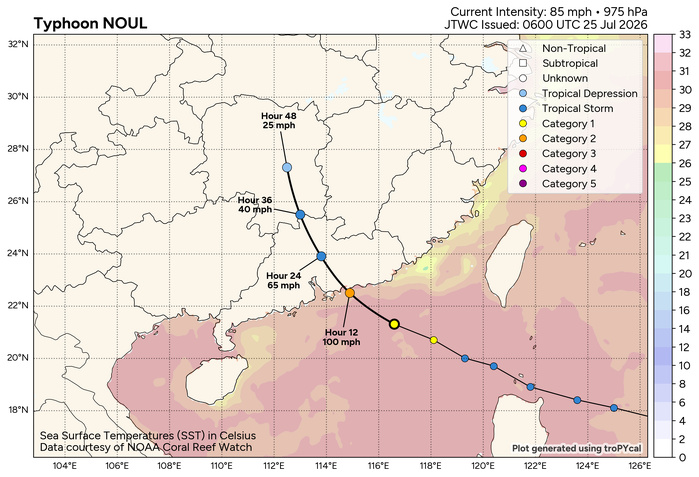 WESTERN PACIFIC: Typhoon 11W(NOUL) forecast to peak at CAT 2 US while making landfall East of HONG KONG within 12 hours/EASTERN PACIFIC: HU 06E(FAUSTO) peaks at CAT2 US/07E(GENEVIEVE) set to reach CAT 3 US by 48 hours//25@1100 UTC 