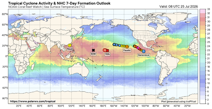WESTERN PACIFIC: Typhoon 11W(NOUL) forecast to peak at CAT 2 US while making landfall East of HONG KONG within 12 hours/EASTERN PACIFIC: HU 06E(FAUSTO) peaks at CAT2 US/07E(GENEVIEVE) set to reach CAT 3 US by 48 hours//25@1100 UTC 