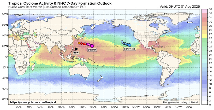 WESTERN PACIFIC: TY 12W(DOLPHIN) 3rd ERC near completion,still powerful CAT 4 US/EASTERN PACIFIC: 07E(GENEVIEVE) nicely depicted by SAR//01@1000 UTC