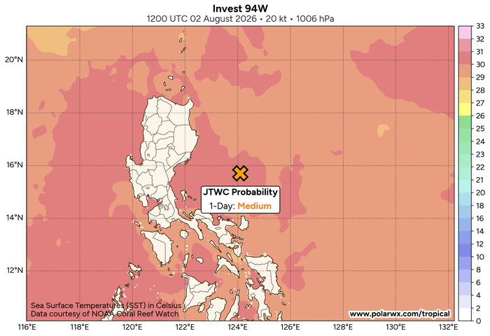 THE AREA OF CONVECTION (INVEST 94W) PREVIOUSLY LOCATED NEAR  14.3N 126.1E IS NOW LOCATED NEAR 15.9N 124.4E, APPROXIMATELY 215 NM  EAST-NORTHEAST OF MANILA. ANIMATED ENHANCED INFRARED IMAGERY (EIR)  DEPICTS DEEP CONVECTION ASSOCIATED WITH A MID-LEVEL CIRCULATION  DISPLACED SOUTHWEST OF THE SLOWLY CONSOLIDATING LOW-LEVEL CIRCULATION  CENTER. ENVIRONMENTAL ANALYSIS FOR THE AREA INDICATES FAVORABLE  CONDITIONS FOR DEVELOPMENT WITH WARM SEA SURFACE TEMPERATURES (29-30 C),  LOW VERTICAL WIND SHEAR (10-15 KTS), AND GOOD EQUATORWARD OUTFLOW ALOFT.  THE ECMWF DETERMINISTIC MODEL DEPICTS GRADUAL DEVELOPMENT OF 94W INTO A  TROPICAL DEPRESSION OR WEAK TROPICAL STORM OVER THE NEXT 36 HOURS. THE  ECENS AND DEEPMIND ENSEMBLES CONCUR ON A SLOW TO QUASI-STATIONARY MOTION  NEAR SOUTHERN LUZON AND POSSIBLE INTERACTION WITH TY 12W IN A COUPLE OF  DAYS. MAXIMUM SUSTAINED SURFACE WINDS ARE ESTIMATED AT 15 TO 20 KNOTS.  MINIMUM SEA LEVEL PRESSURE IS ESTIMATED TO BE NEAR 1005 MB. THE  POTENTIAL FOR THE DEVELOPMENT OF A SIGNIFICANT TROPICAL CYCLONE WITHIN  THE NEXT 24 HOURS REMAINS MEDIUM.