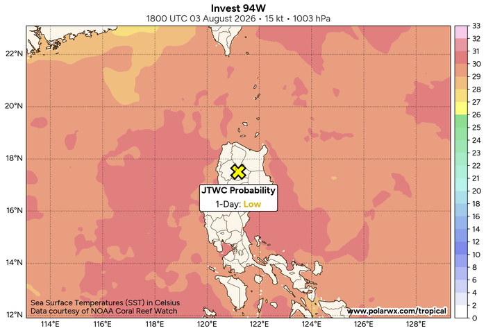 THE AREA OF CONVECTION (INVEST 94W) PREVIOUSLY LOCATED NEAR  15.9N 124.4E IS NOW LOCATED NEAR 17.7N 121.8E, APPROXIMATELY 40 NM  SOUTH-SOUTHEAST OF APARRI. ANIMATED MULTISPECTRAL SATELLITE IMAGERY  (MSI) REVEALS AN OBSCURED LOW LEVEL CIRCULATION CENTER (LLCC) THAT  TRACKED UNDER DEEP CONVECTION AFTER IT MADE LANDFALL IN LUZON.  ENVIRONMENTAL ANALYSIS REVEALS HIGHLY UNFAVORABLE CONDITIONS FOR  TROPICAL CYCLONE DEVELOPMENT CHARACTERIZED BY LAND INTERACTION, HIGH  VERTICAL WIND SHEAR (30+ KNOTS) AND SIGNIFICANT DRY AIR ALONG THE  EASTERN PERIPHERY, AS WELL AS ELEVATED GRADIENT FLOW TO THE SOUTH  CAUSED BY INFLOW INTO TYPHOON 12W (DOLPHIN) AND ELEVEATED GRADIENT  FLOW TO THE WEST FROM FUNNELING EFFECTS IN THE LUZON STRAIT. MAXIMUM  SUSTAINED SURFACE WINDS ARE ESTIMATED AT 12 TO 18 KNOTS. MINIMUM SEA  LEVEL PRESSURE IS ESTIMATED TO BE NEAR 1003 MB. THE POTENTIAL FOR THE  DEVELOPMENT OF A SIGNIFICANT TROPICAL CYCLONE WITHIN THE NEXT 24 HOURS  IS DOWNGRADED TO LOW. SEE REF B (WTPN21 PGTW 021930) FOR FURTHER  DETAILS.