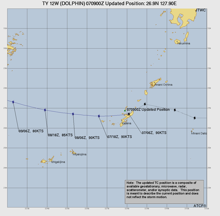 WESTERN PACIFIC: TY 12W(DOLPHIN) CAT 2 US, the pinhole eye scrapes the coast of NW OKINAWA,landfall in CHINA forecast in approx 60h/TS 14W(CHAN HOM)/Invests 97W & 98W//07@1030 UTC