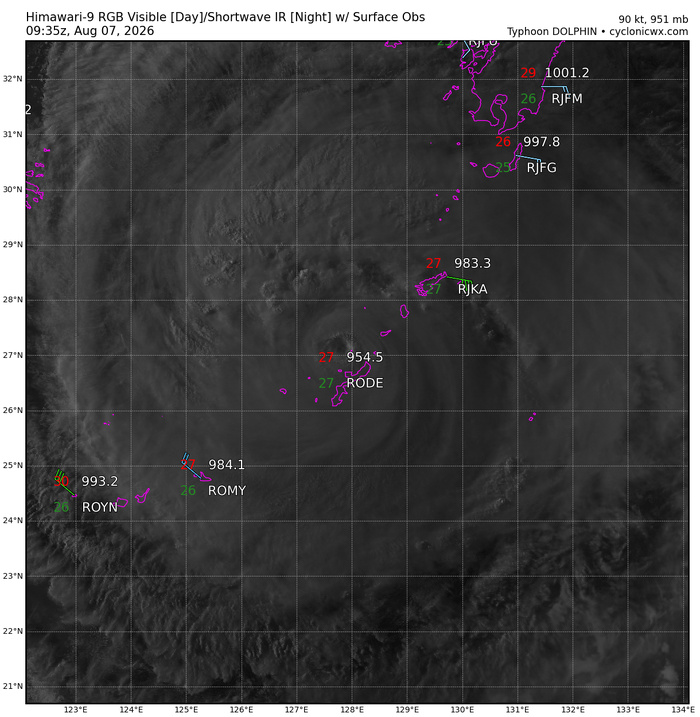 WESTERN PACIFIC: TY 12W(DOLPHIN) CAT 2 US, the pinhole eye scrapes the coast of NW OKINAWA,landfall in CHINA forecast in approx 60h/TS 14W(CHAN HOM)/Invests 97W & 98W//07@1030 UTC